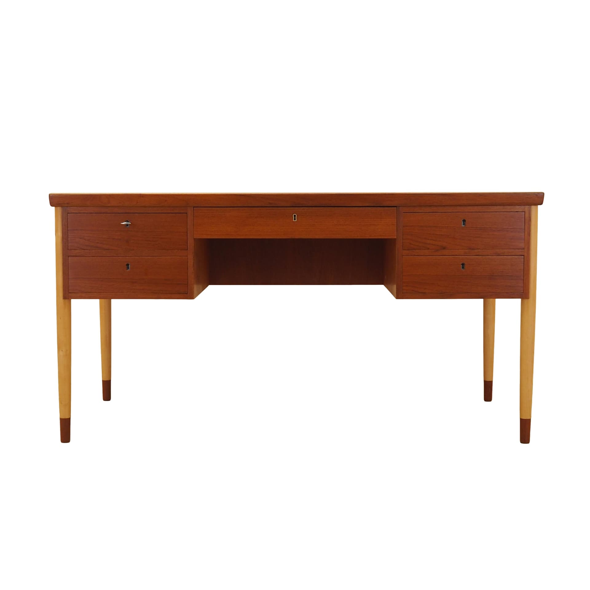 Desk, brown teak, beige beech, Denmark, 1970s.