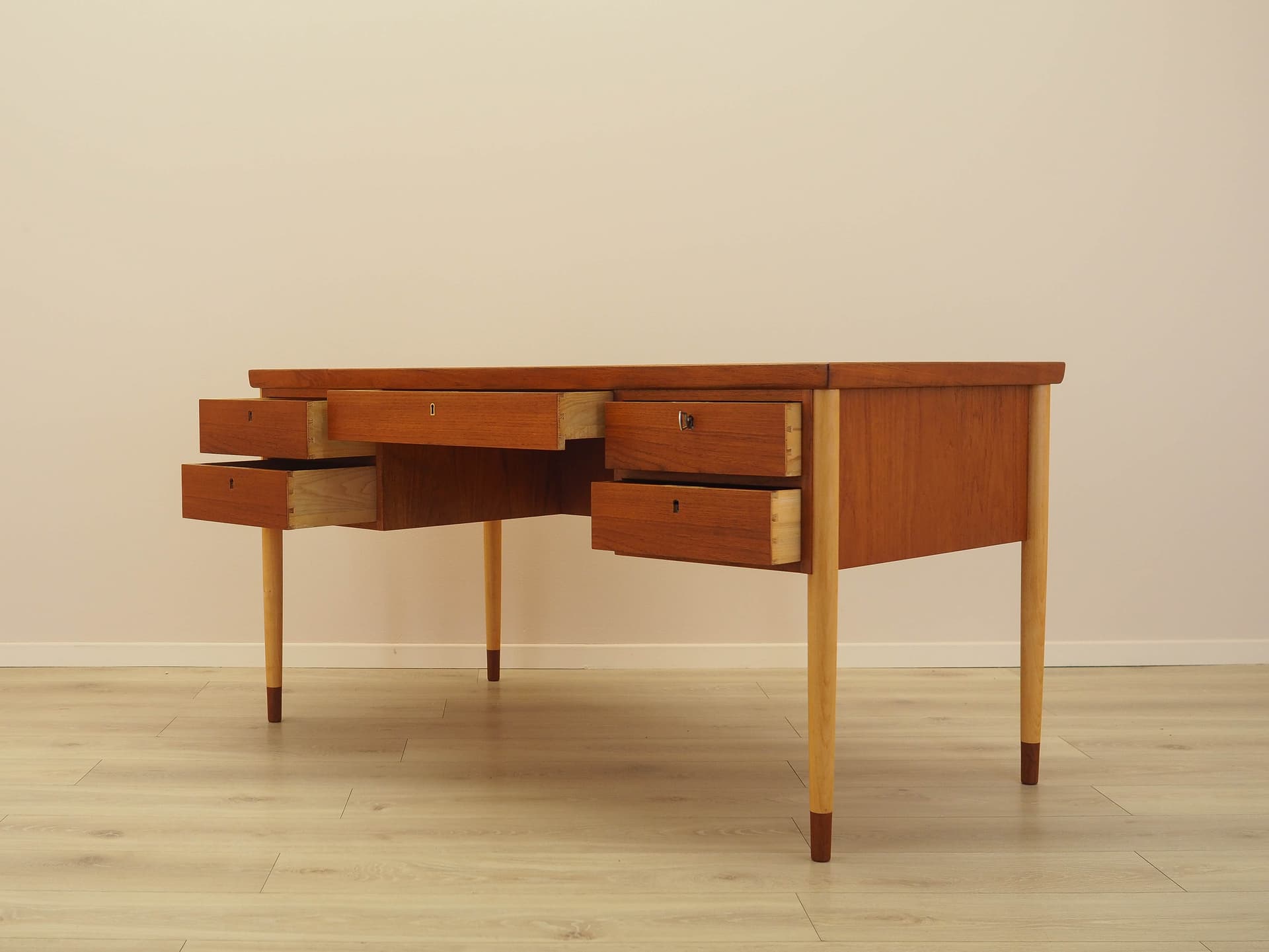 Desk, brown teak, beige beech, Denmark, 1970s. - 345523
