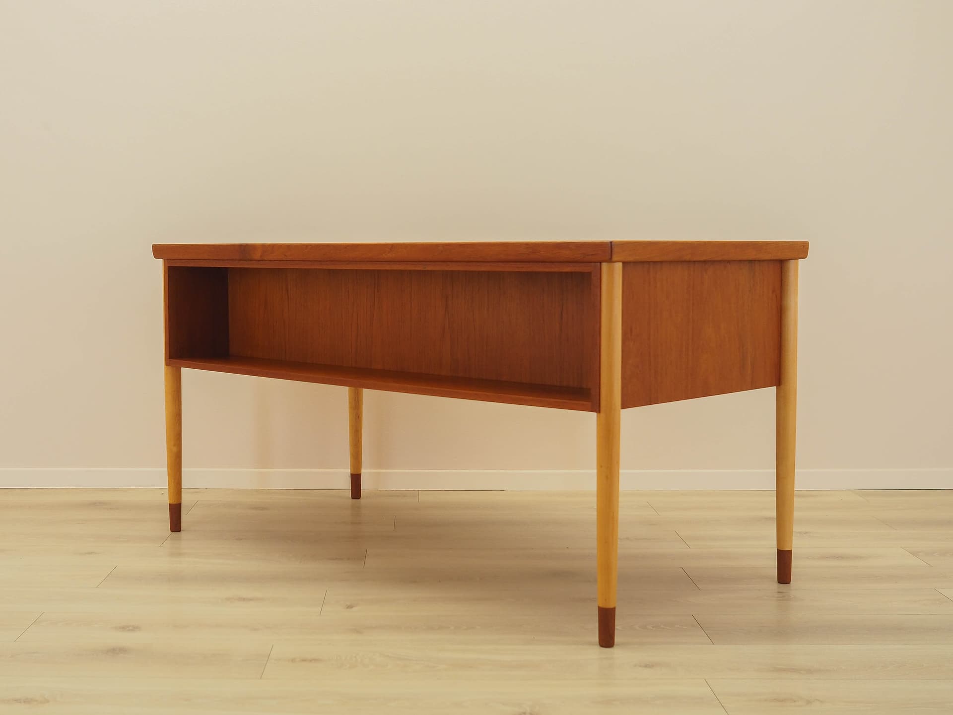 Desk, brown teak, beige beech, Denmark, 1970s. - 345531