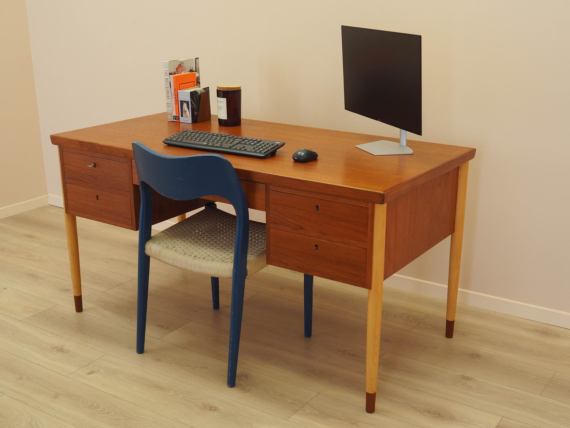 Desk, brown teak, beige beech, Denmark, 1970s. - 345521