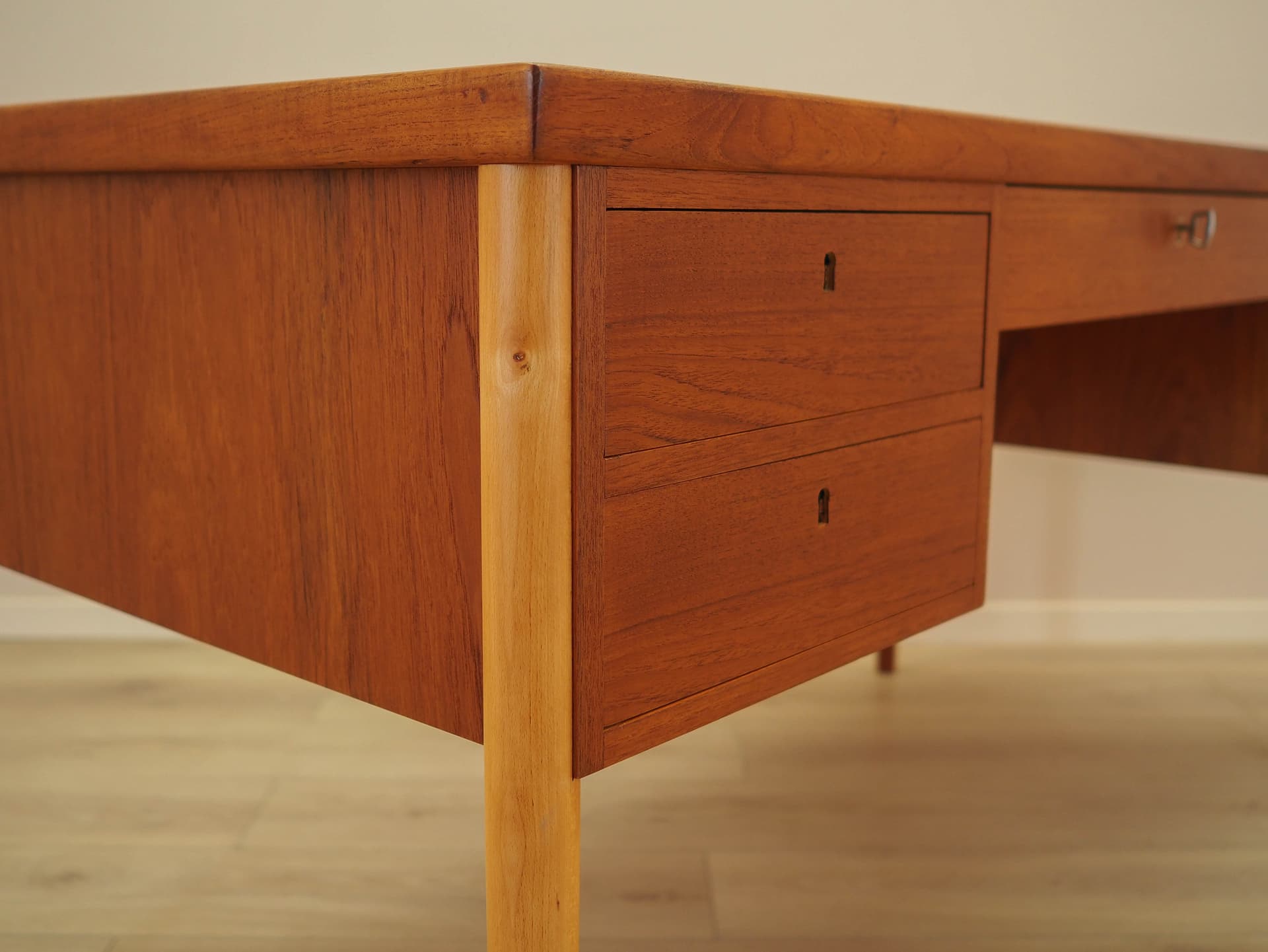 Desk, brown teak, beige beech, Denmark, 1970s. - 345528