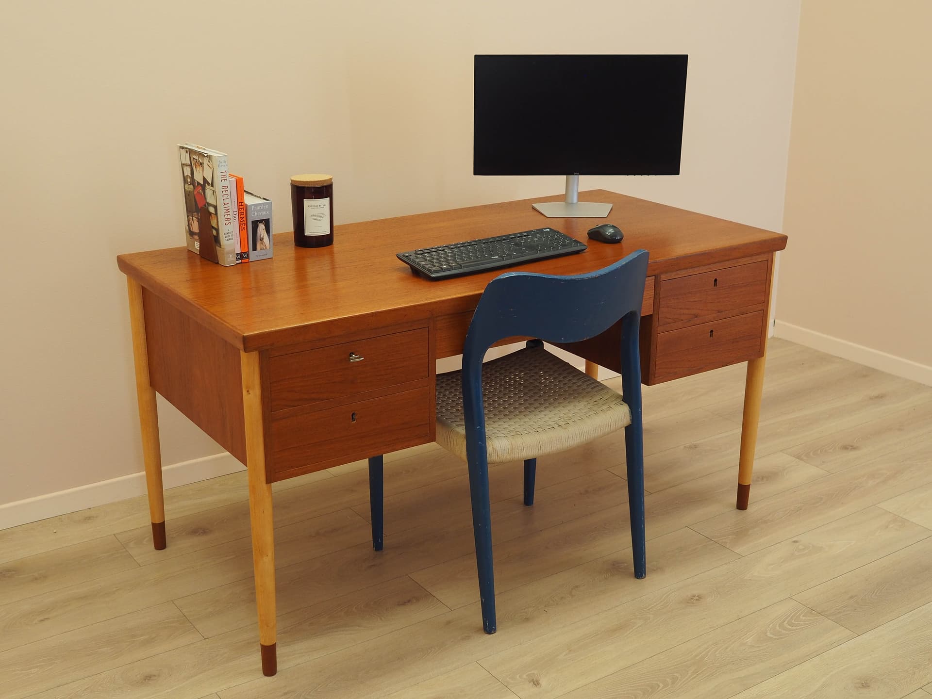 Desk, brown teak, beige beech, Denmark, 1970s. - 345520