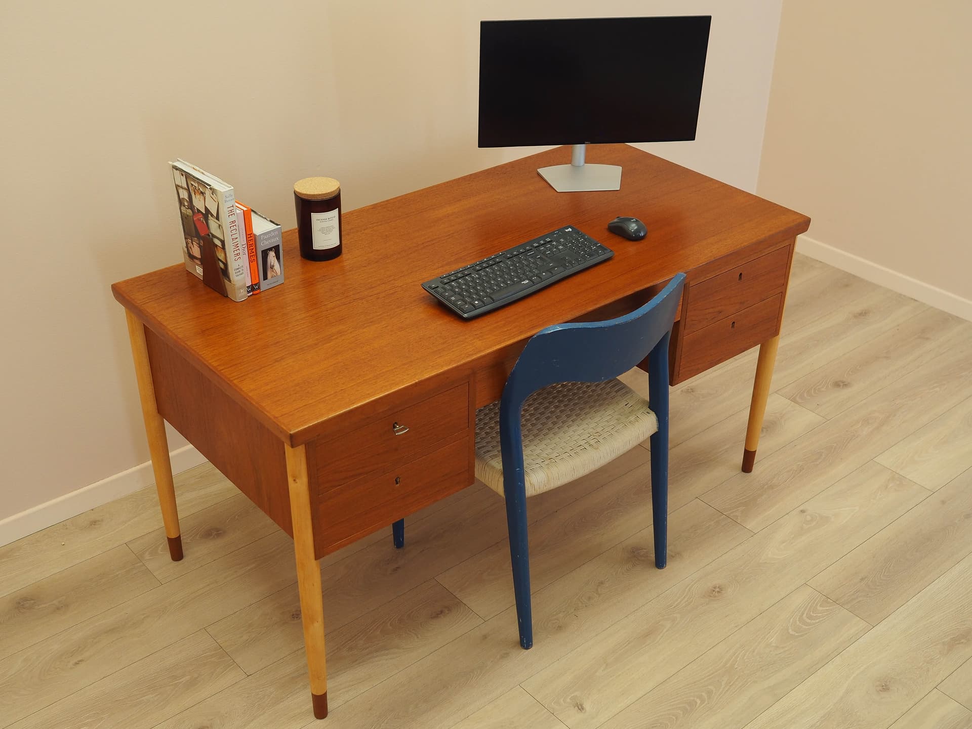 Desk, brown teak, beige beech, Denmark, 1970s. - 345522