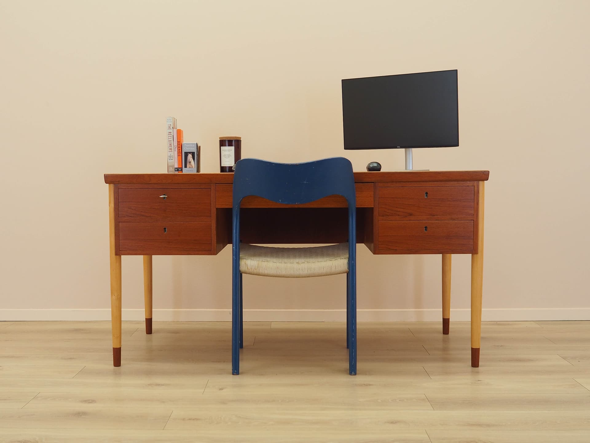 Desk, brown teak, beige beech, Denmark, 1970s. - 345519