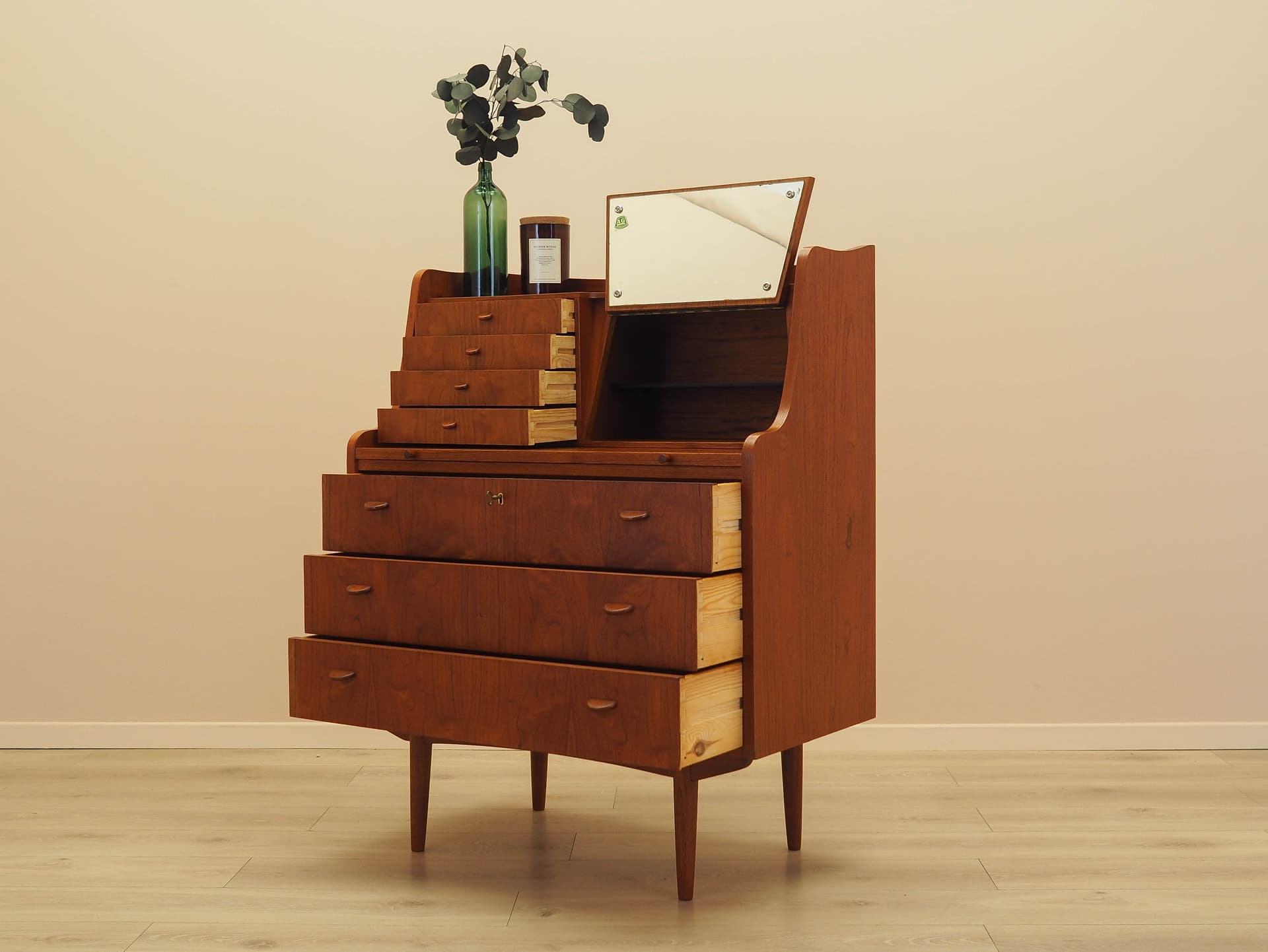 Secretary desk, brown teak, AG Spejl Kobberbeskyttet, Denmark, 1970s. - 345559