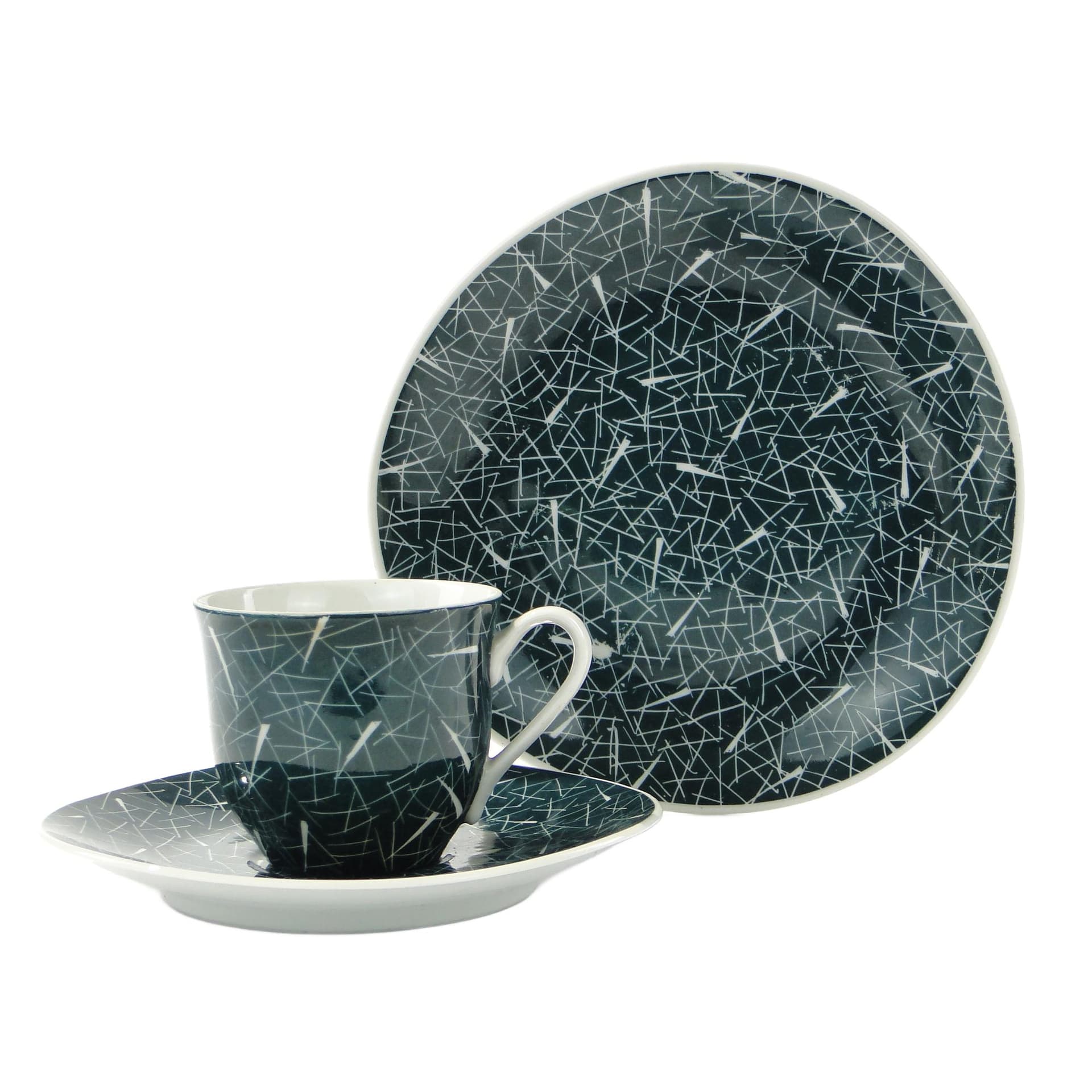 Zestaw śniadaniowy, grafitowy biały, porcelana, proj. L. Pokora, Polska, lata 50.