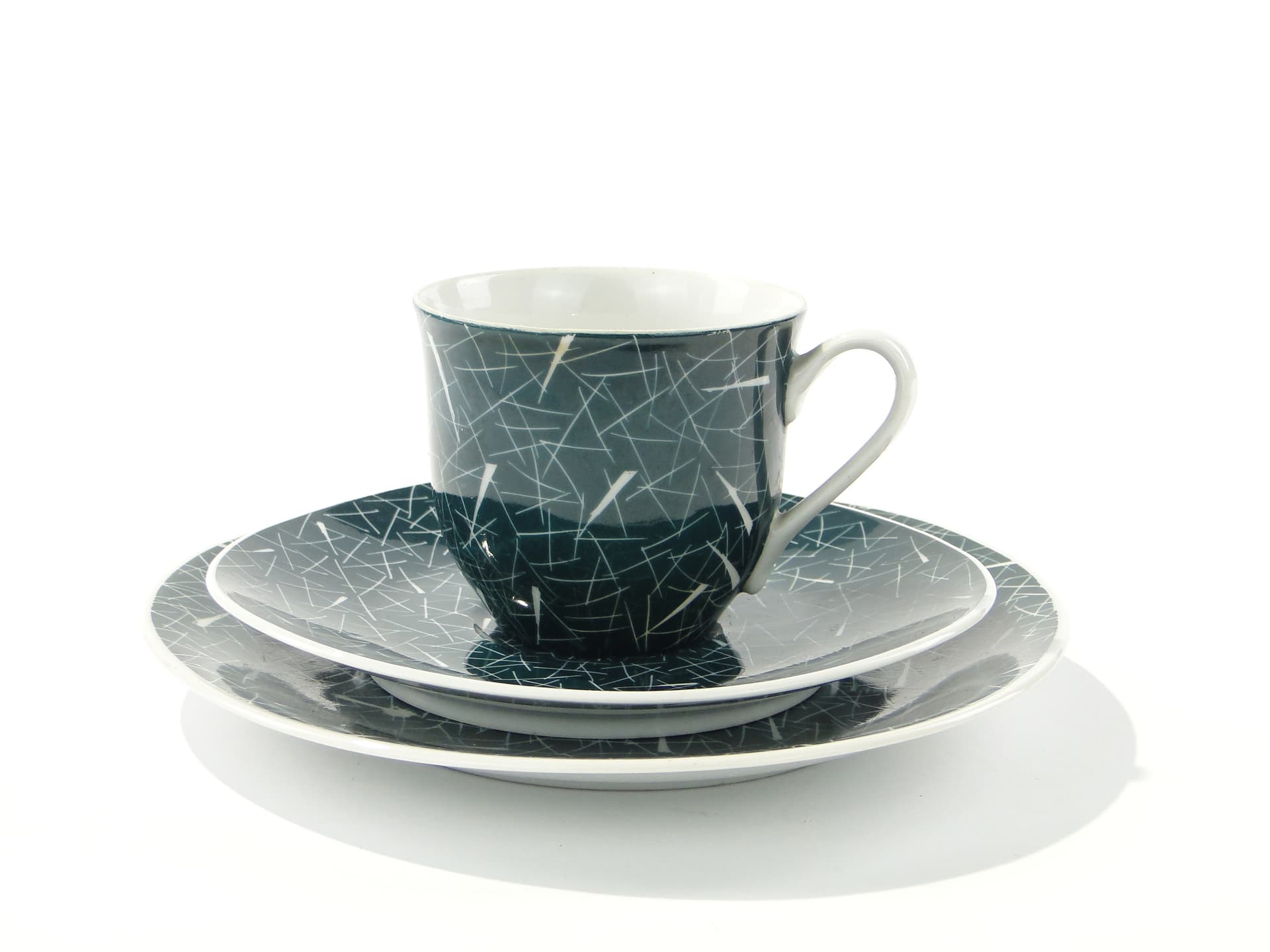 Zestaw śniadaniowy, grafitowy biały, porcelana, proj. L. Pokora, Polska, lata 50. - 345705
