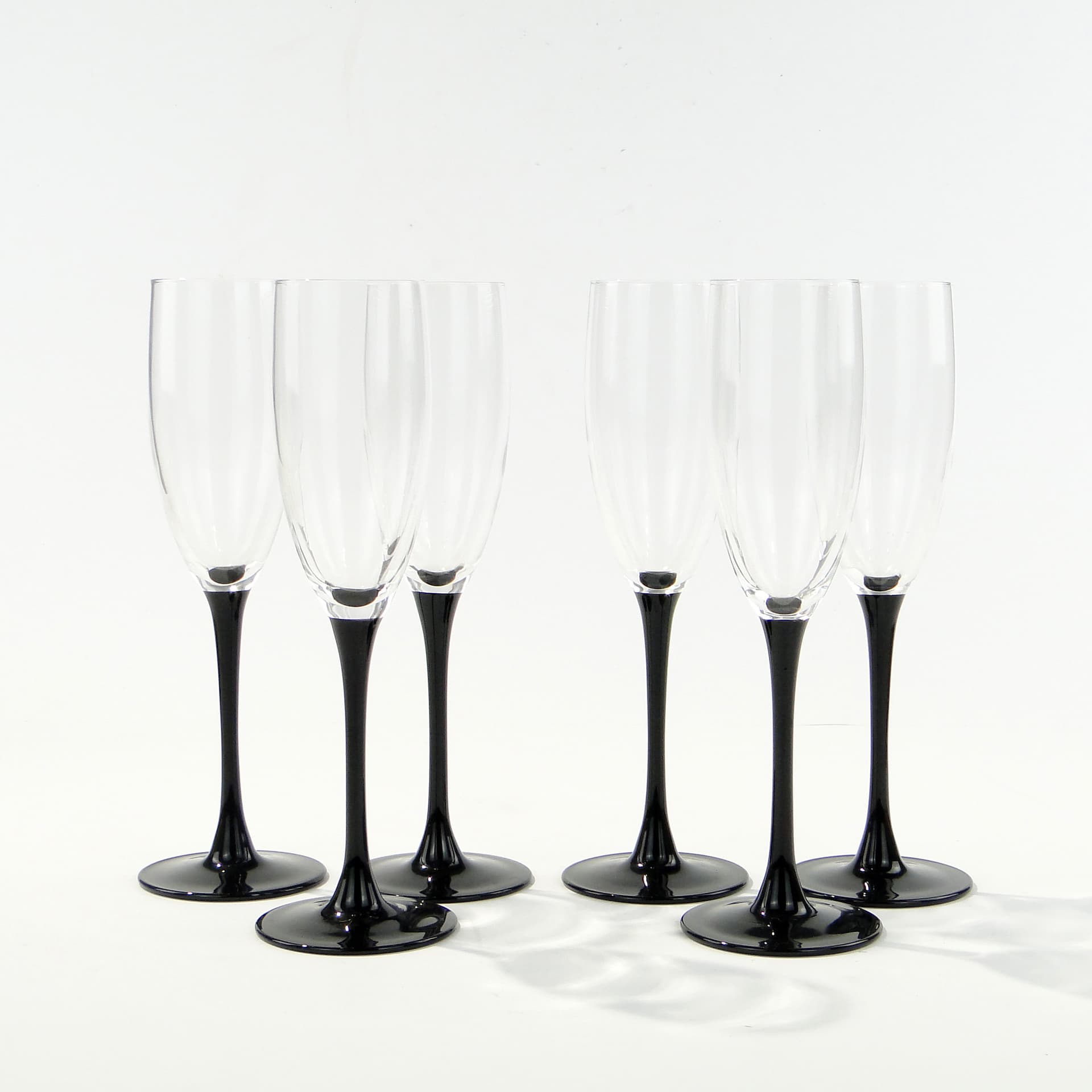 Set of champagne glasses, clear glass, black glass, Hortensja Glassworks, Poland, 1970s - 345709