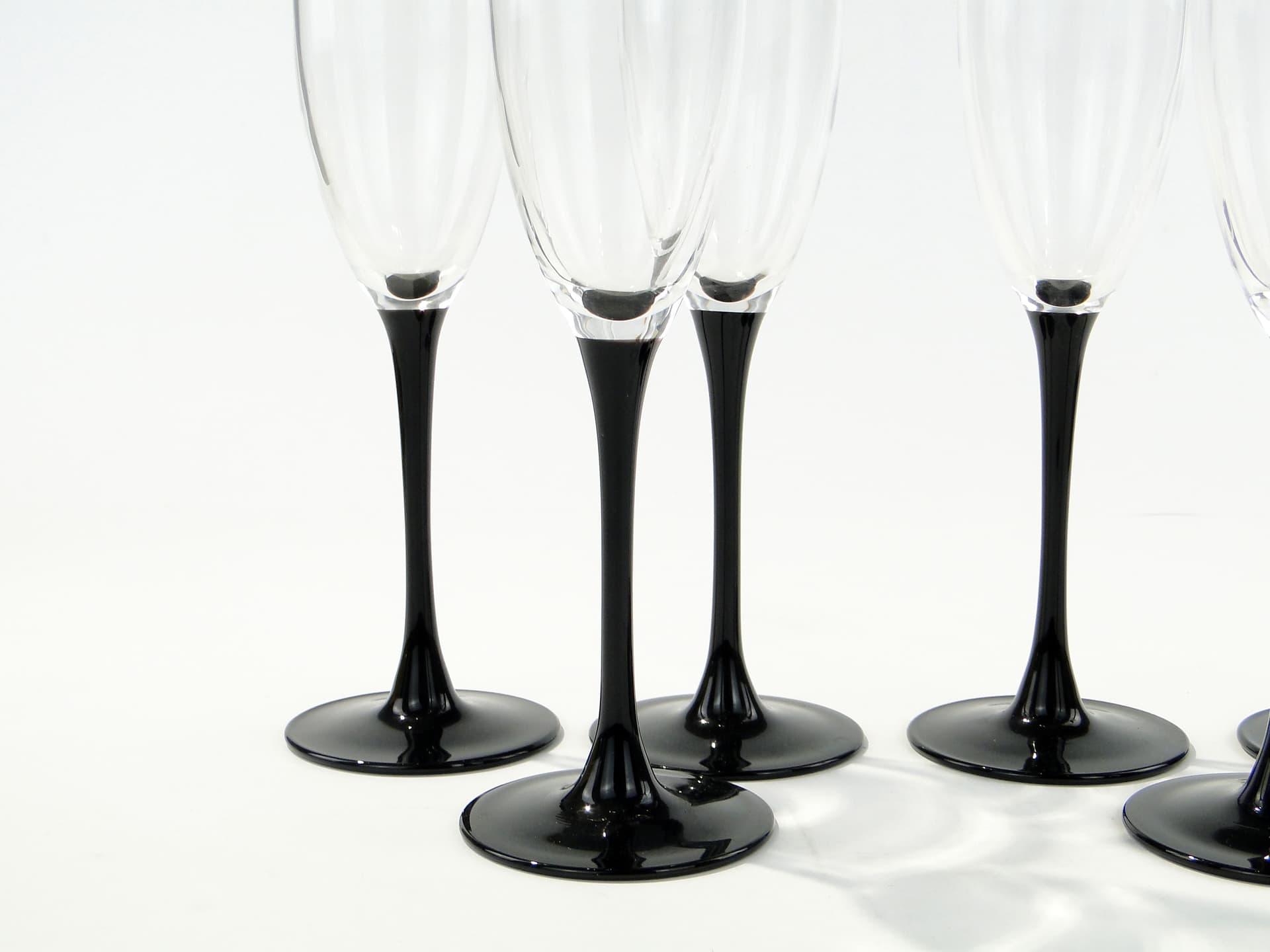 Set of champagne glasses, clear glass, black glass, Hortensja Glassworks, Poland, 1970s - 345711