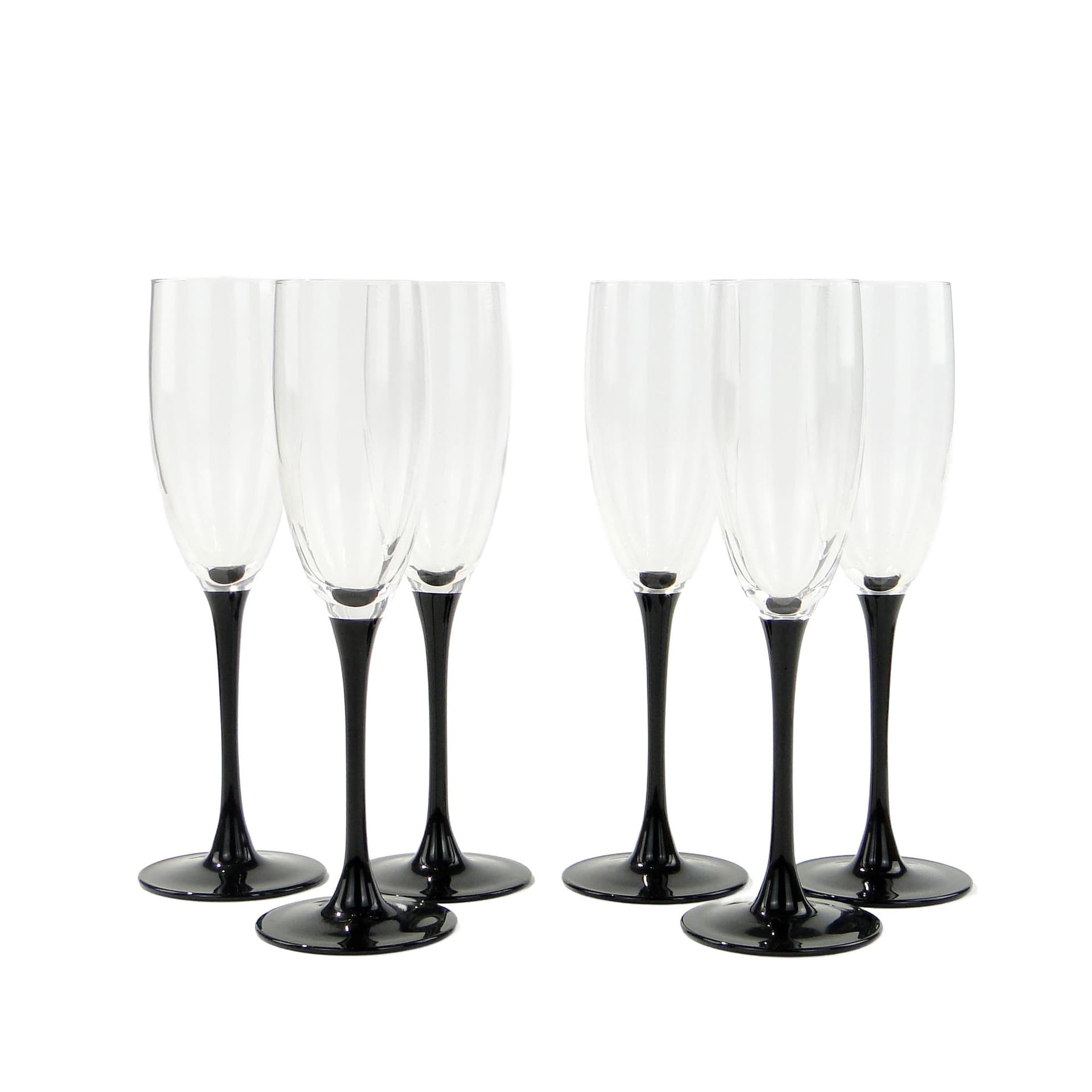 Set of champagne glasses, clear glass, black glass, Hortensja Glassworks, Poland, 1970s