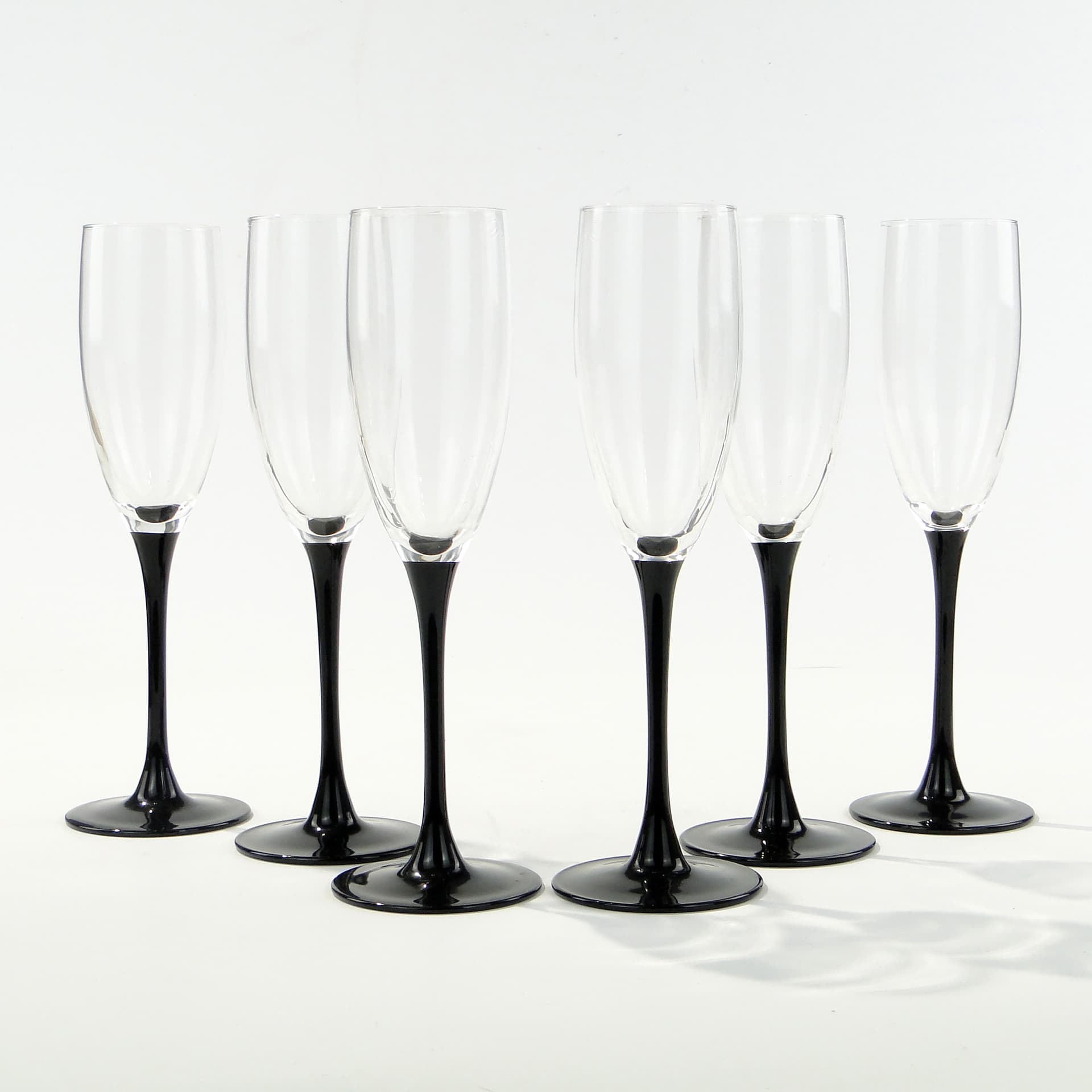 Set of champagne glasses, clear glass, black glass, Hortensja Glassworks, Poland, 1970s - 345714