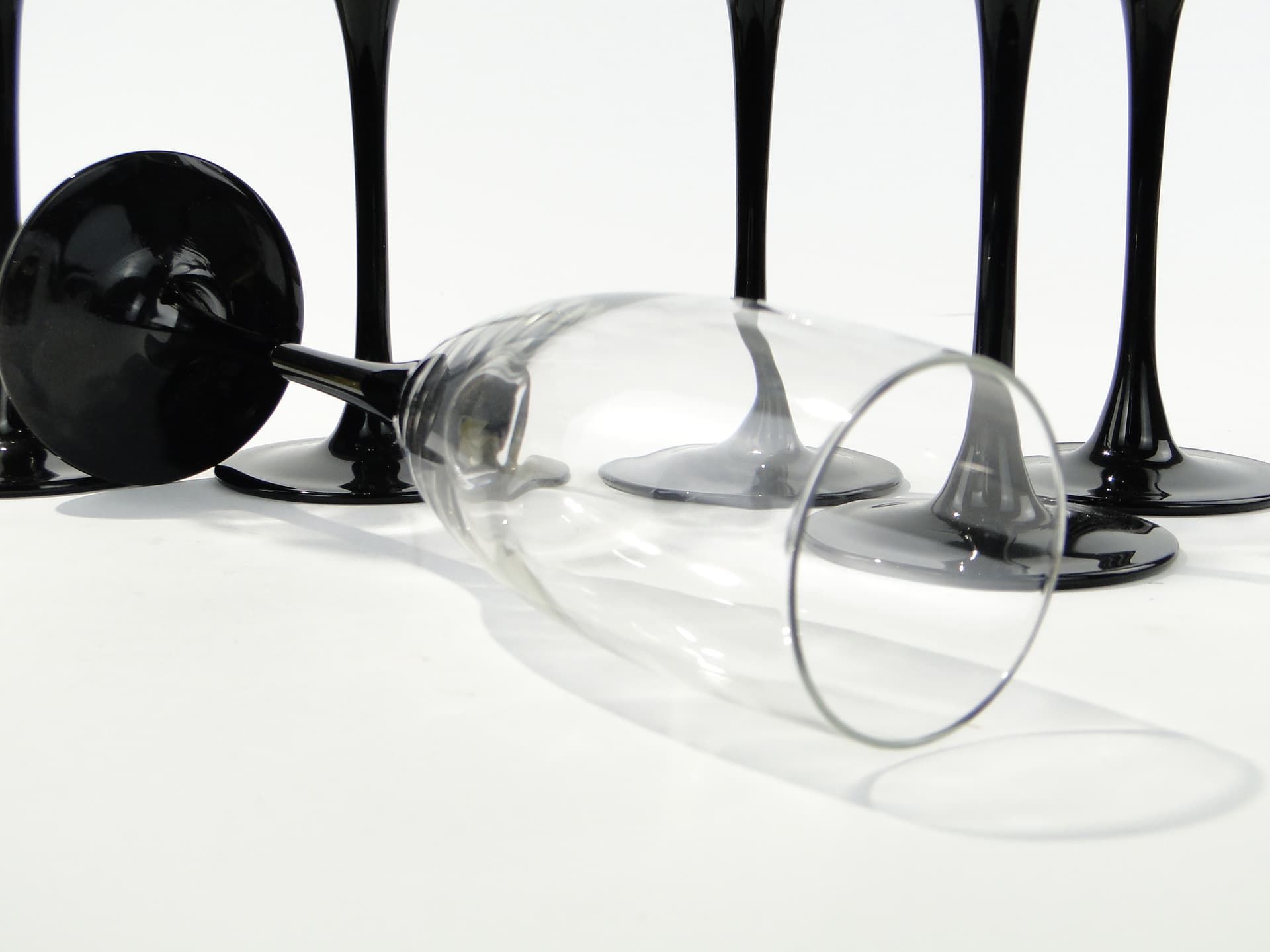 Set of champagne glasses, clear glass, black glass, Hortensja Glassworks, Poland, 1970s - 345713