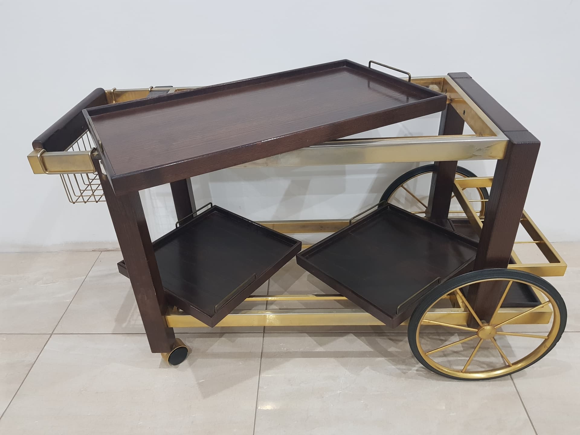 Vintage bar cart, France 1970s, oak brown, metal gold, - 345770
