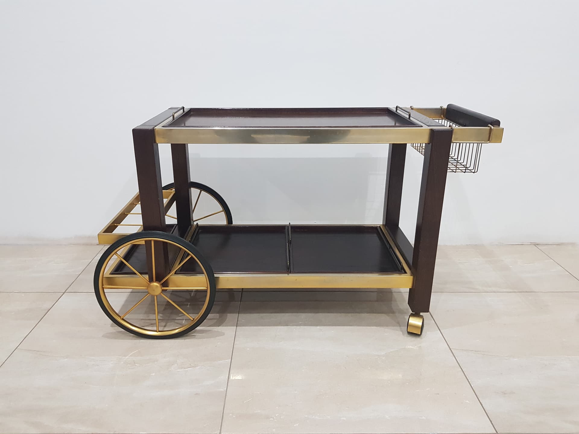 Vintage bar cart, France 1970s, oak brown, metal gold, - 345764