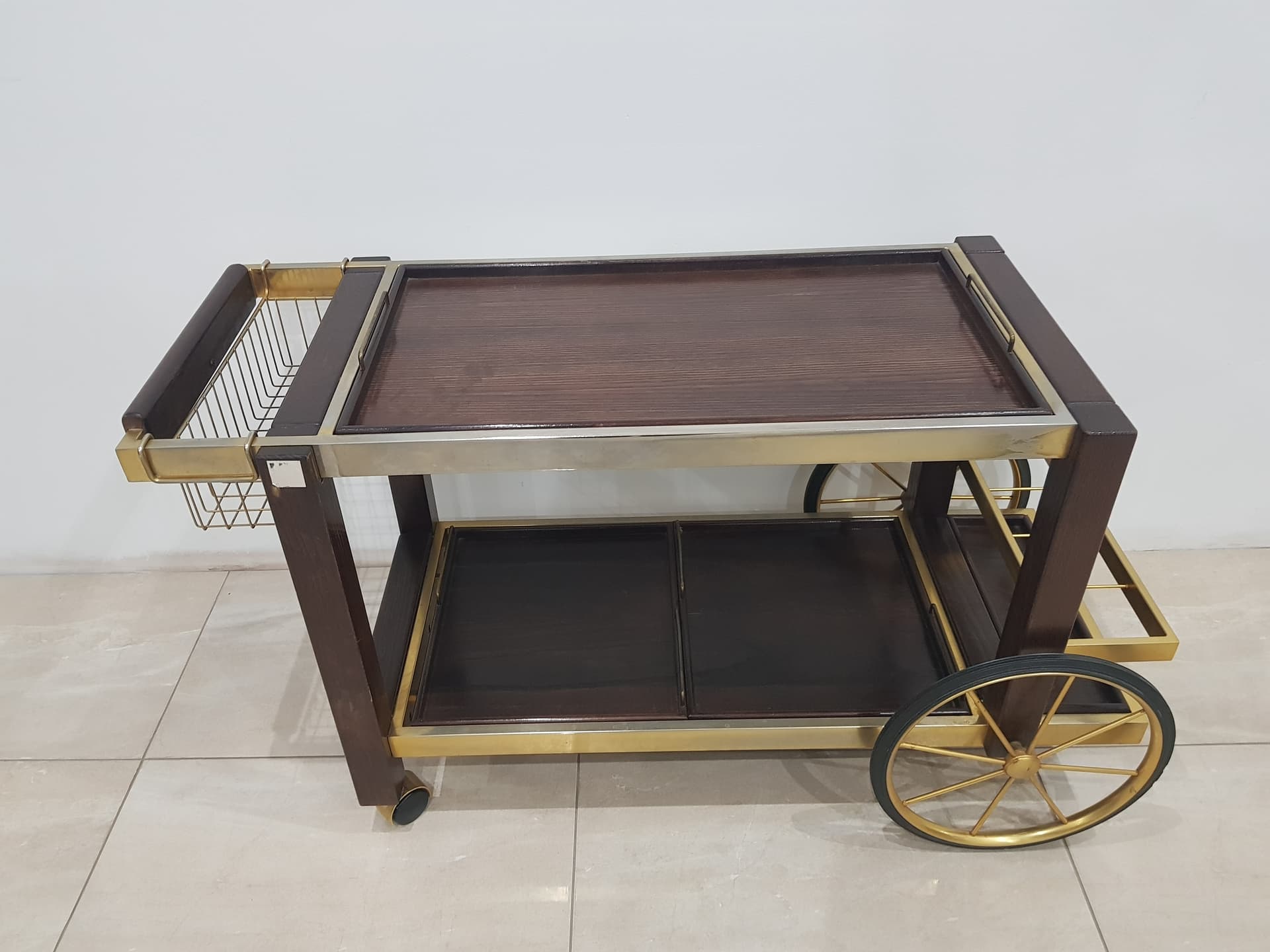 Vintage bar cart, France 1970s, oak brown, metal gold, - 345768