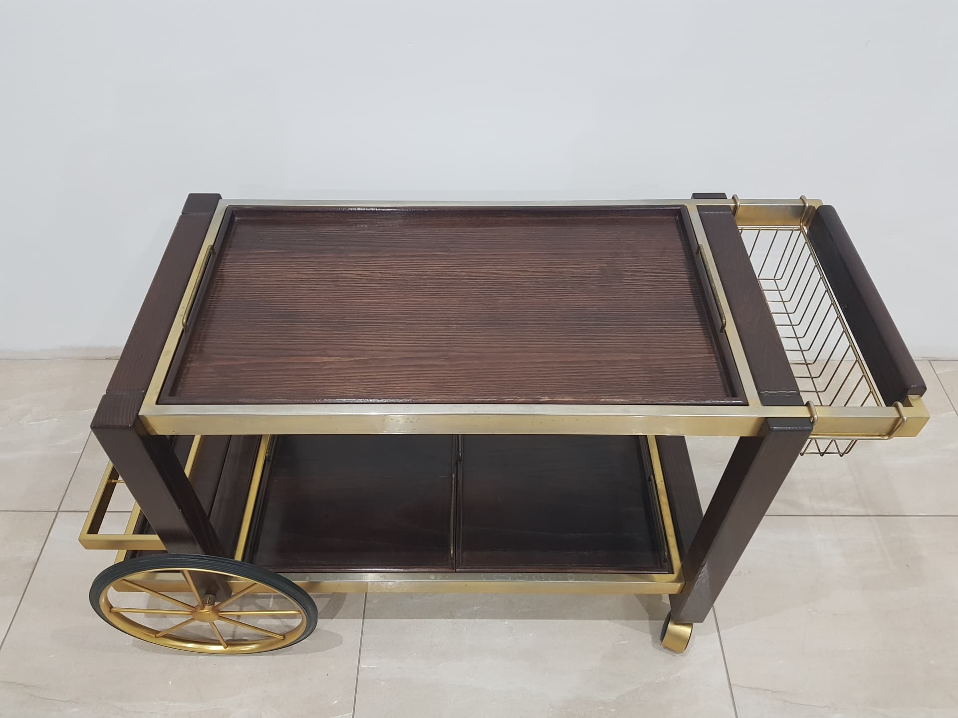 Vintage bar cart, France 1970s, oak brown, metal gold, - 345765