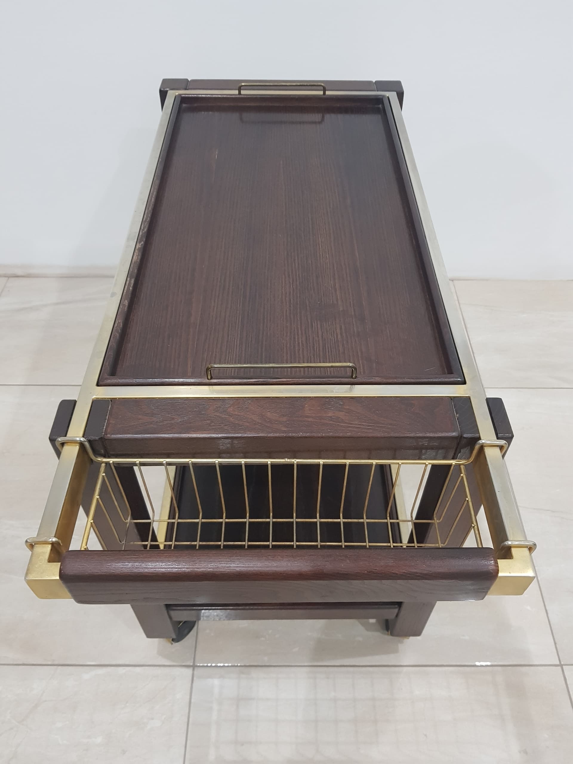 Vintage bar cart, France 1970s, oak brown, metal gold, - 345766