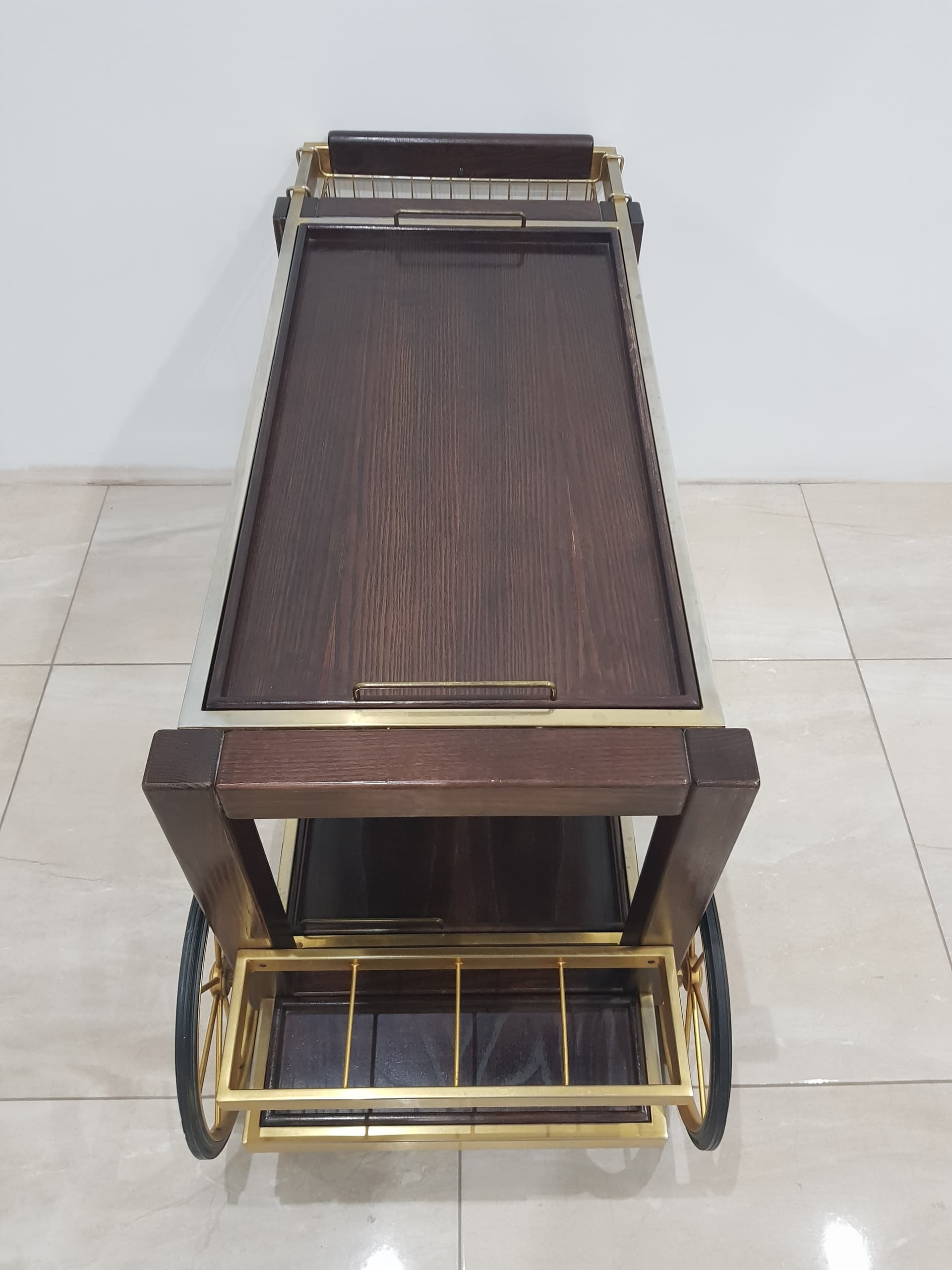 Vintage bar cart, France 1970s, oak brown, metal gold, - 345767