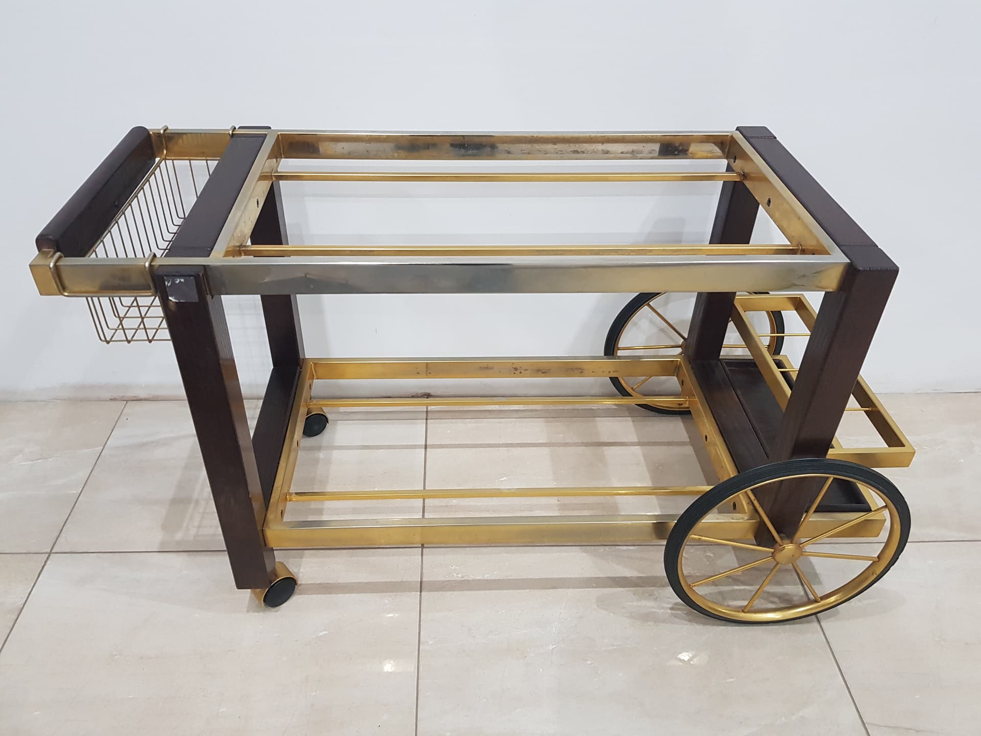 Vintage bar cart, France 1970s, oak brown, metal gold, - 345771