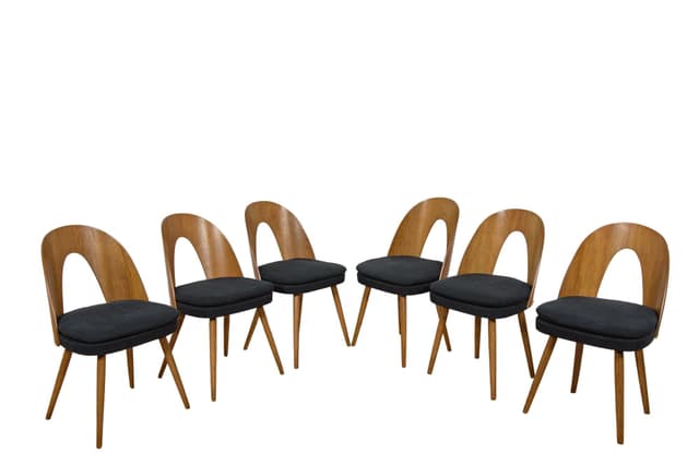 Set of six chairs, oak brown, beech brown, black fabric, by A. Suman, Tatra Nabytok, Czechoslovakia, 1960s. - DIMENSION