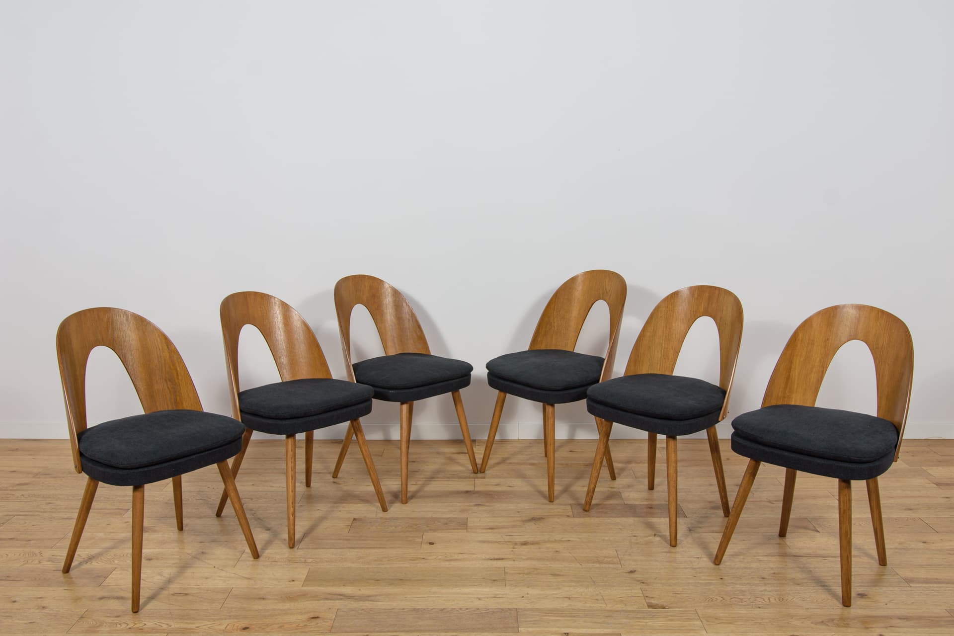 Set of six chairs, oak brown, beech brown, black fabric, by A. Suman, Tatra Nabytok, Czechoslovakia, 1960s. - 347265