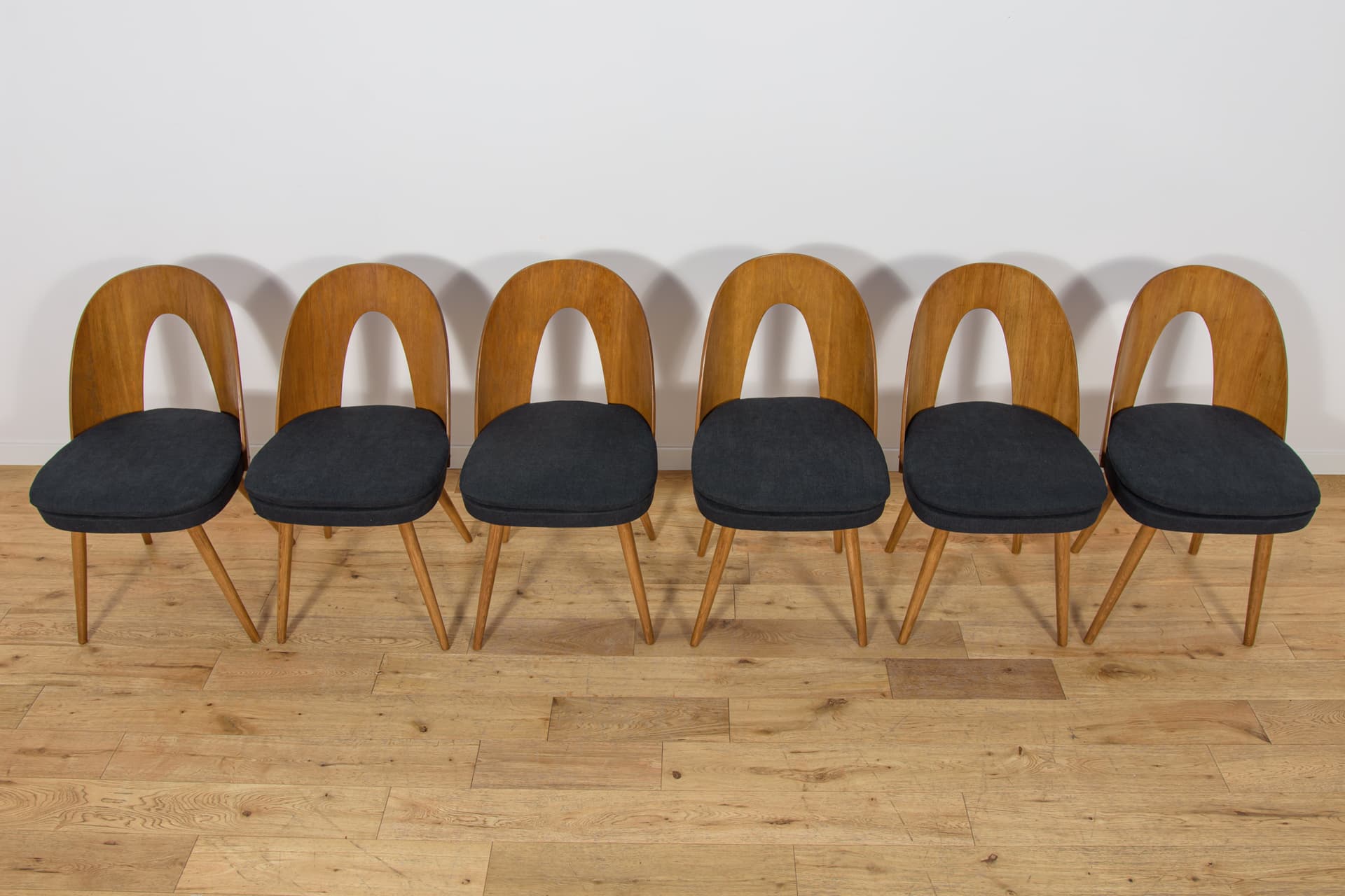 Set of six chairs, oak brown, beech brown, black fabric, by A. Suman, Tatra Nabytok, Czechoslovakia, 1960s. - 347264