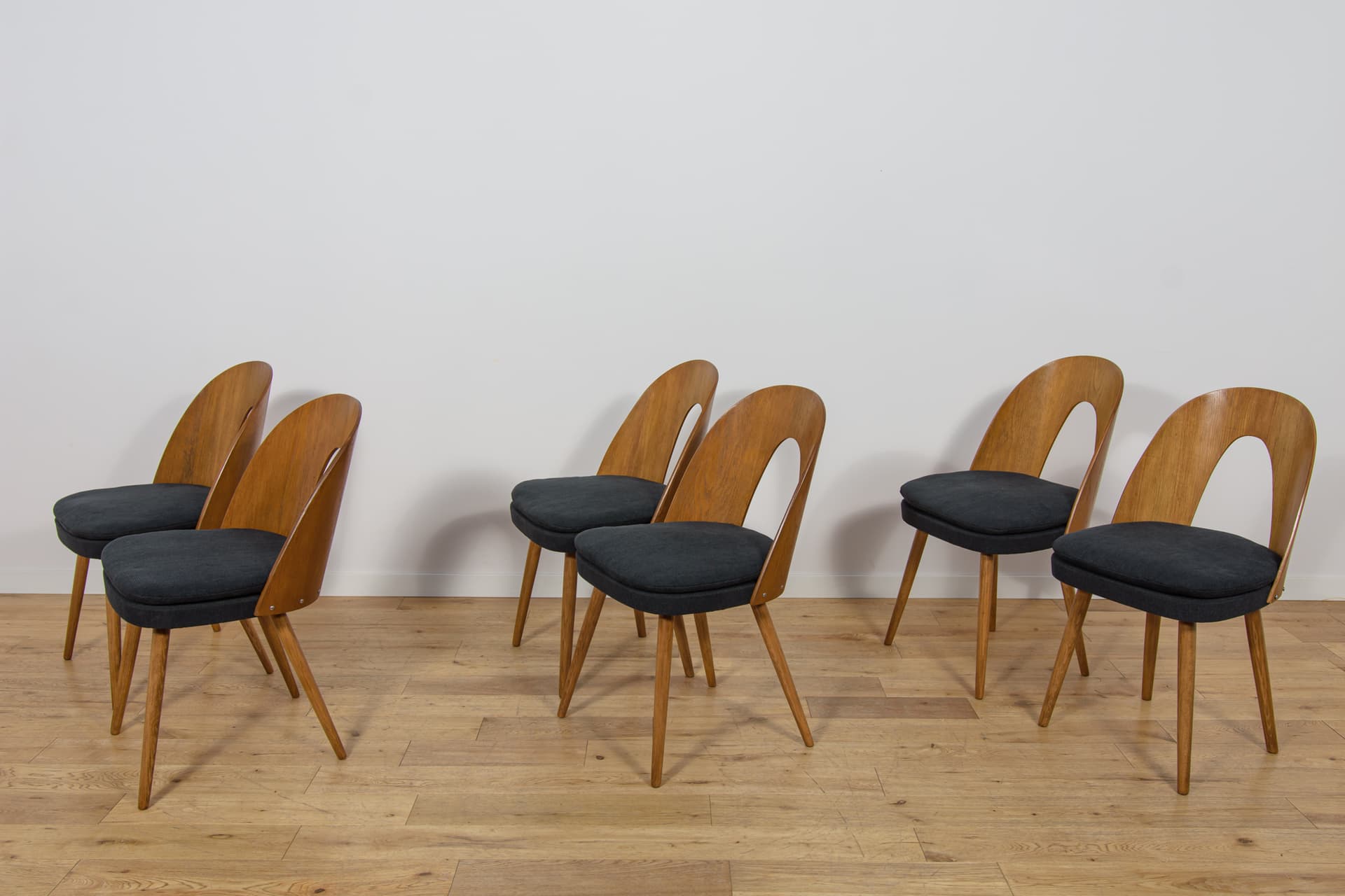 Set of six chairs, oak brown, beech brown, black fabric, by A. Suman, Tatra Nabytok, Czechoslovakia, 1960s. - 347266