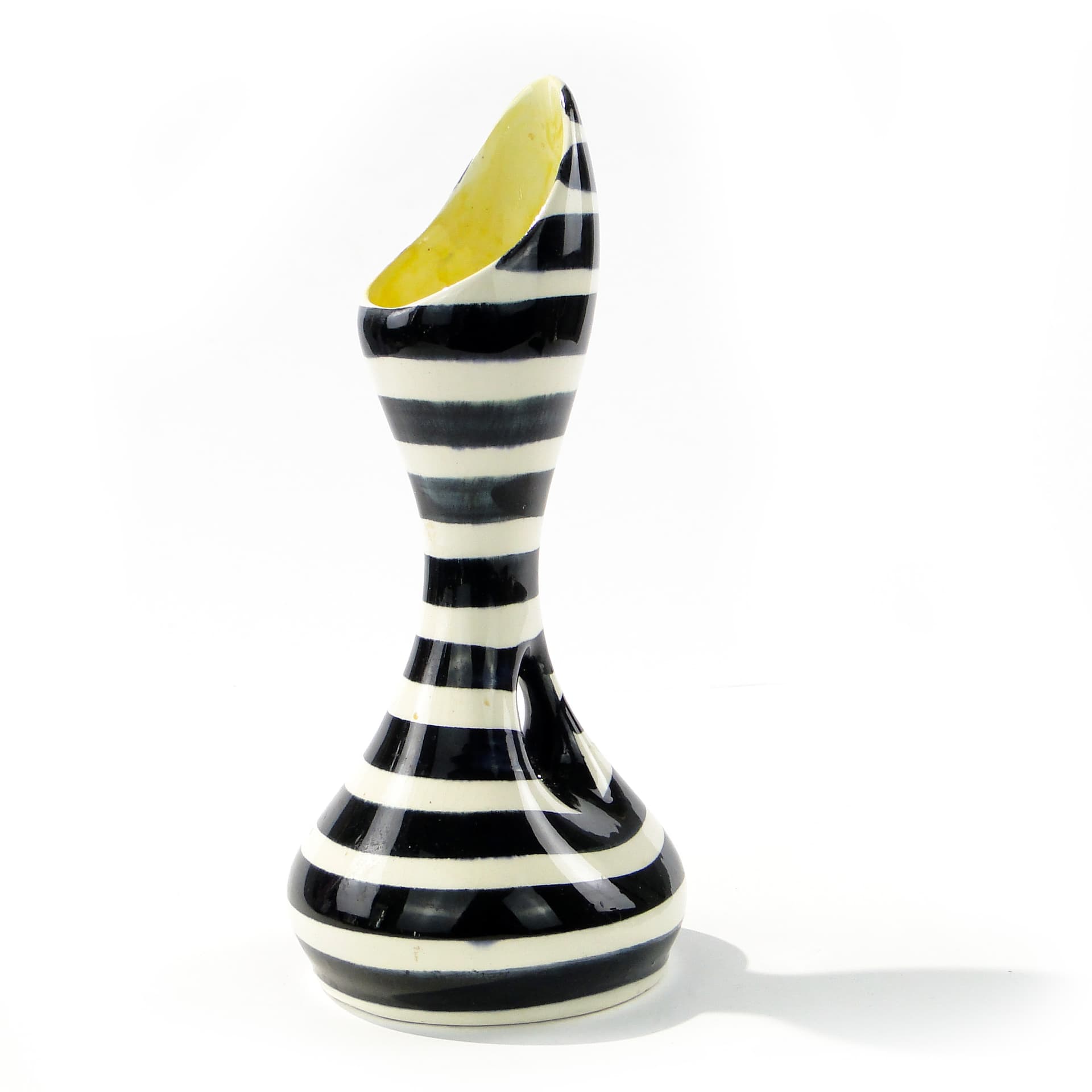Vase Zebra, black white ceramics, yellow interior, by W. Płazewski, Włocławek, Poland, 1960s. - 346074