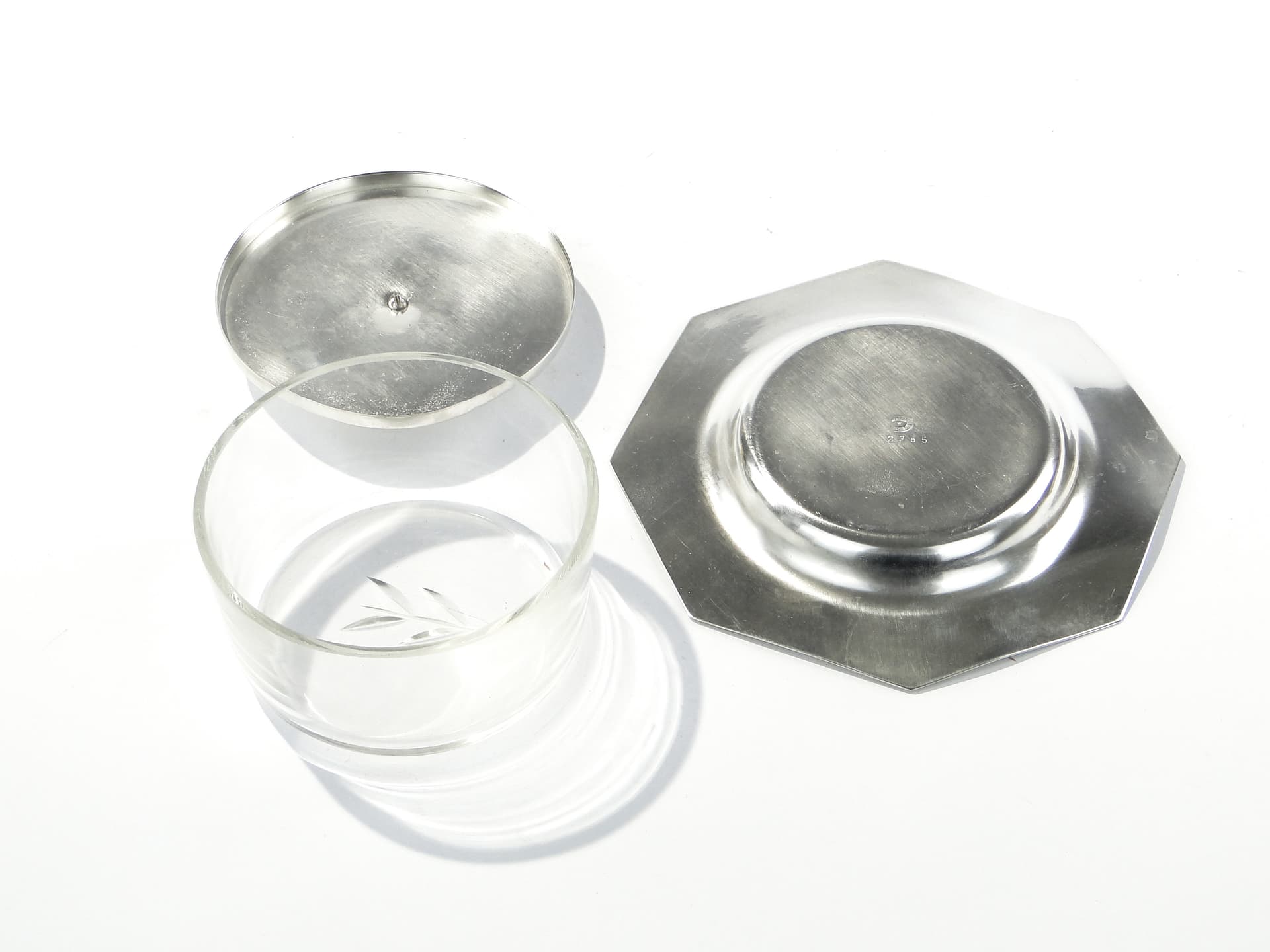 Butter dish Art Deco, silver, silver-plated brass, transparent glass, Bracia Henneberg, Poland, 1920s - 346101