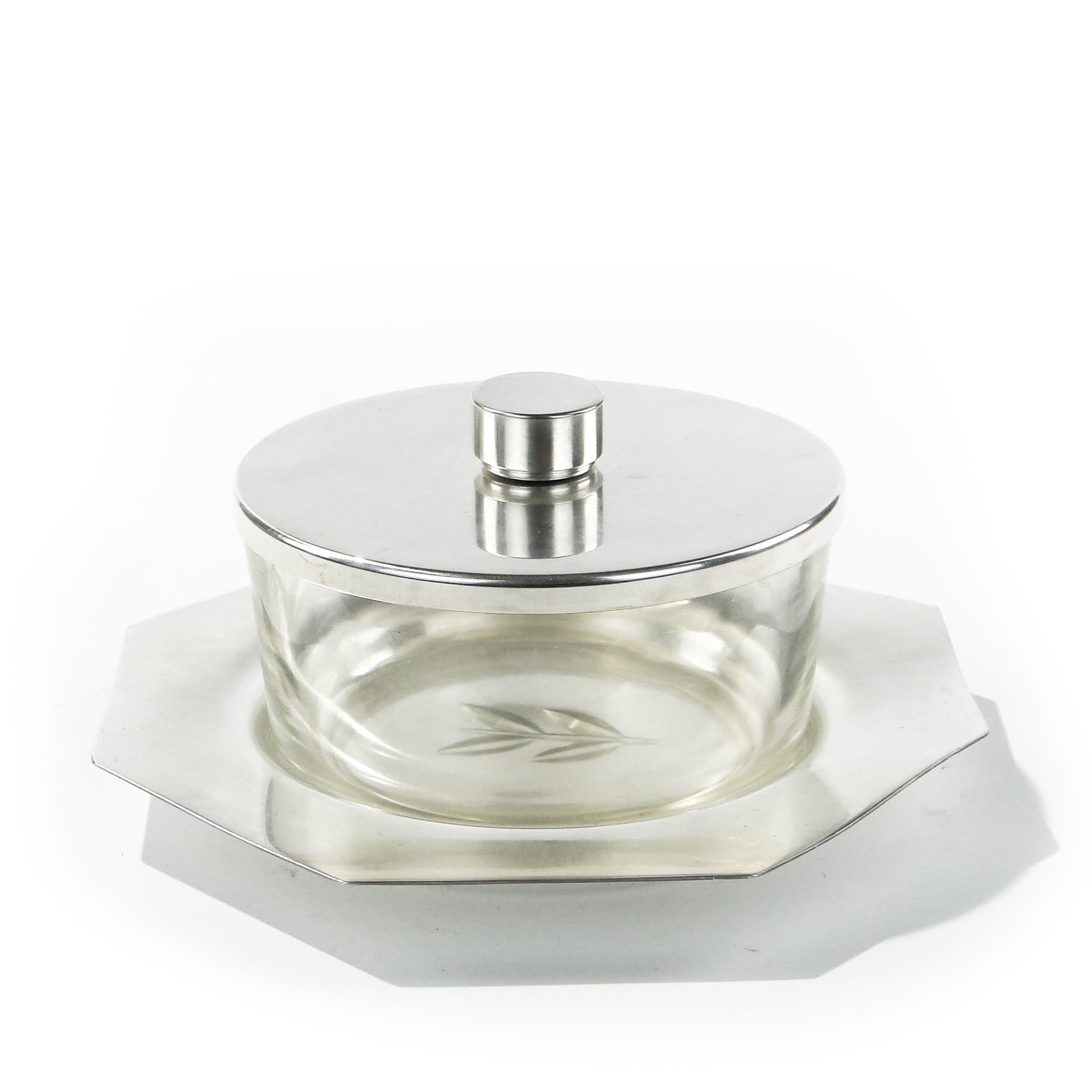 Butter dish Art Deco, silver, silver-plated brass, transparent glass, Bracia Henneberg, Poland, 1920s - 346106