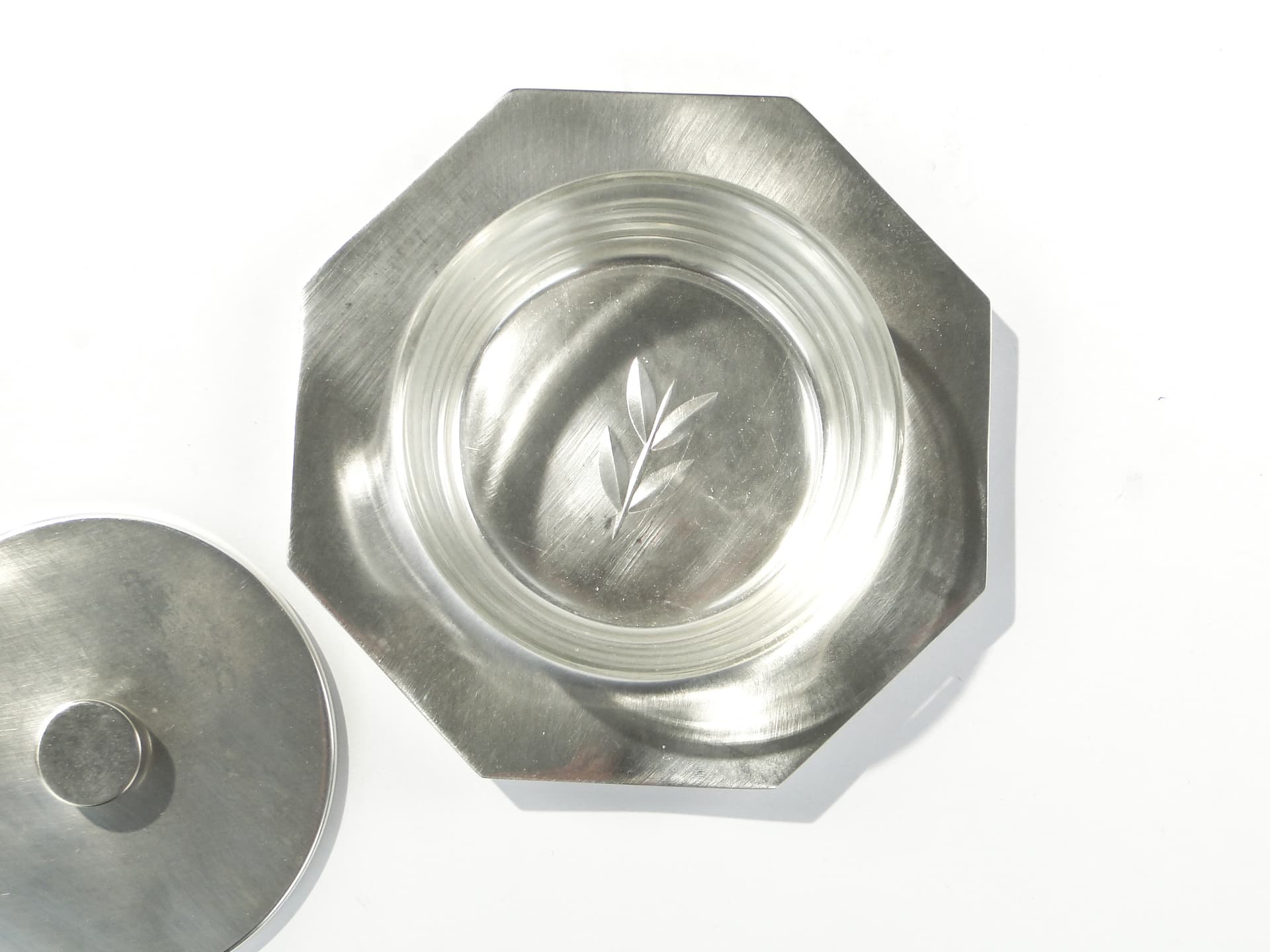 Butter dish Art Deco, silver, silver-plated brass, transparent glass, Bracia Henneberg, Poland, 1920s - 346104
