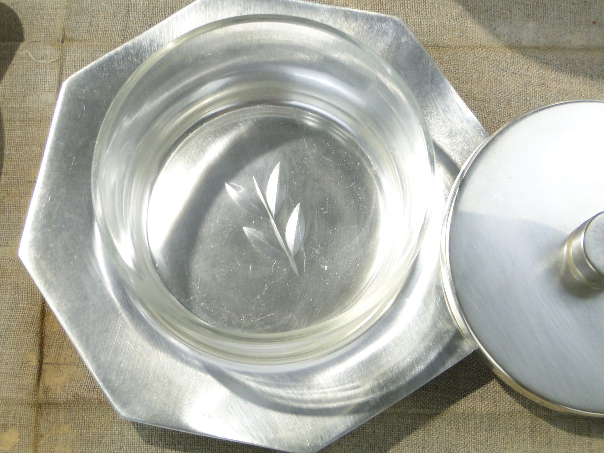 Butter dish Art Deco, silver, silver-plated brass, transparent glass, Bracia Henneberg, Poland, 1920s - 346110