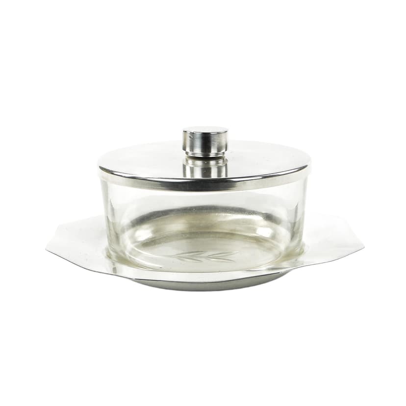 Butter dish Art Deco, silver, silver-plated brass, transparent glass, Bracia Henneberg, Poland, 1920s