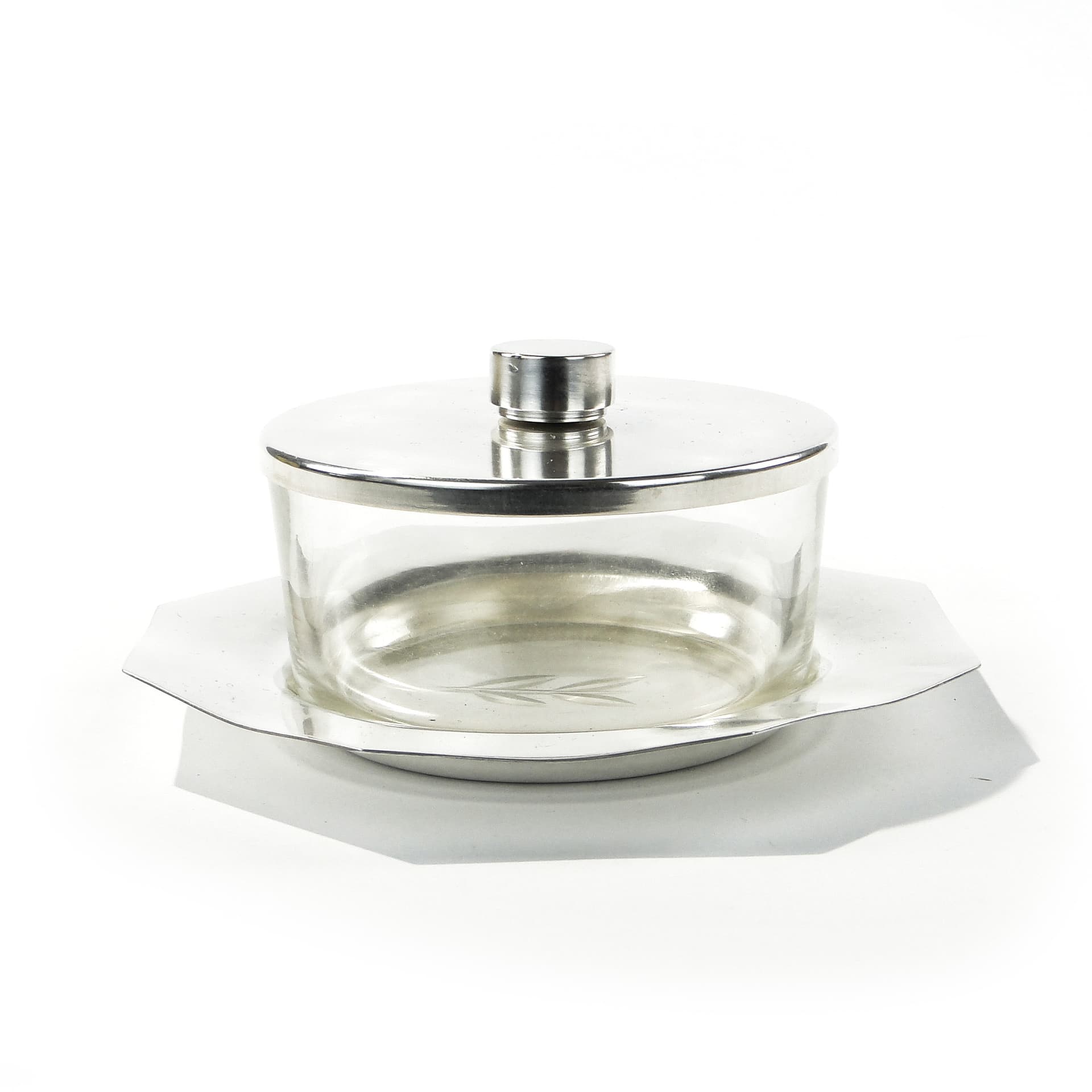Butter dish Art Deco, silver, silver-plated brass, transparent glass, Bracia Henneberg, Poland, 1920s - 346102
