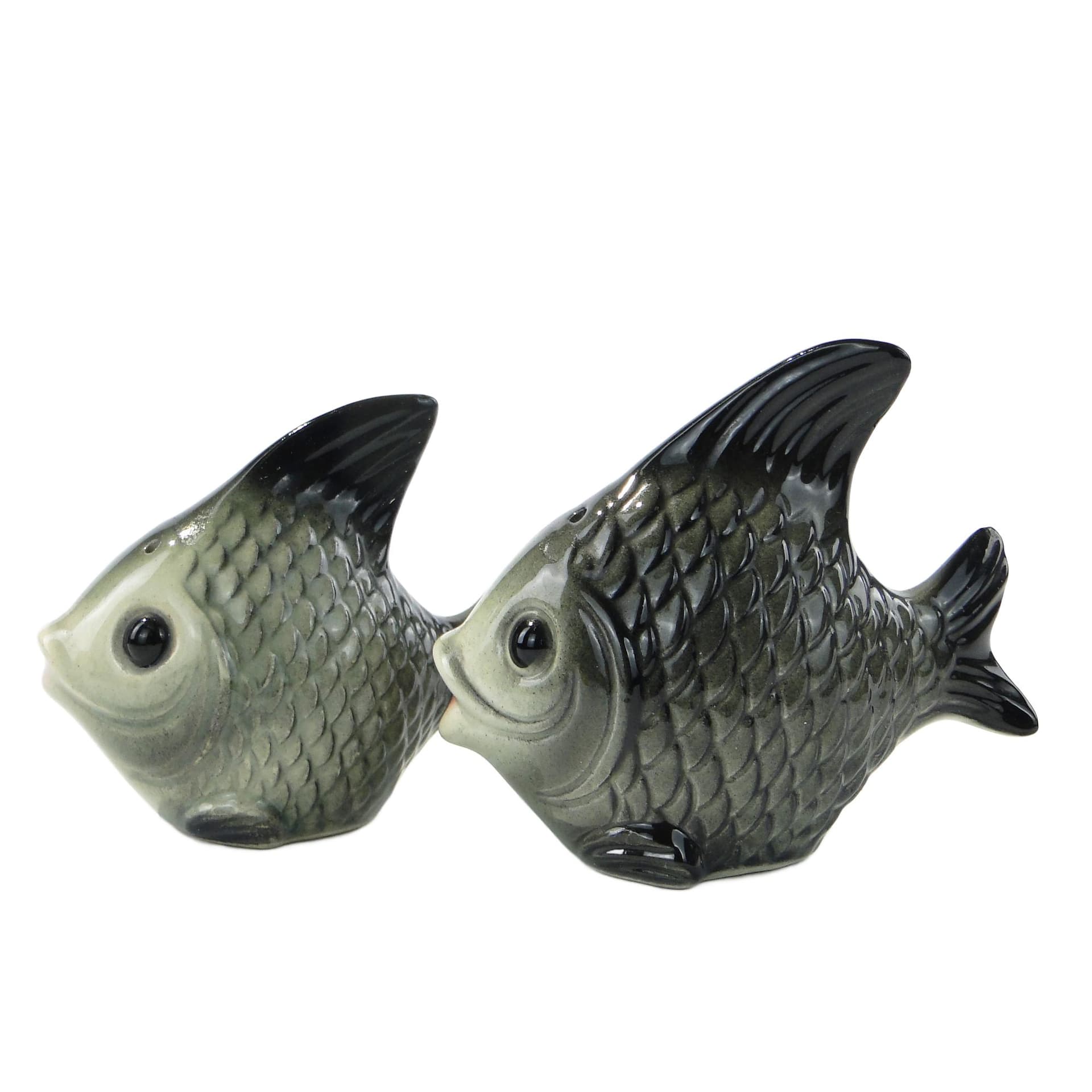 Set of fish-shaped salt shakers, green black, glazed ceramic, Goebel, Germany, 1980s.