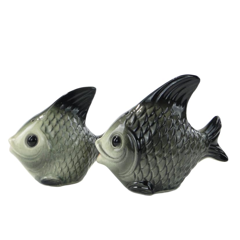 Set of fish-shaped salt shakers, green black, glazed ceramic, Goebel, Germany, 1980s.
