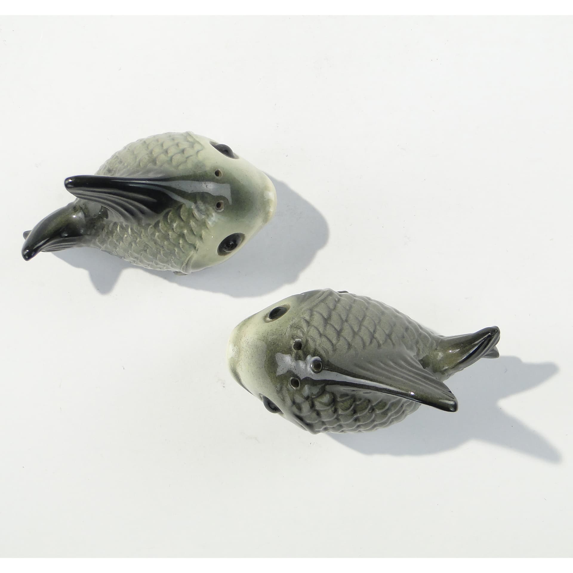Set of fish-shaped salt shakers, green black, glazed ceramic, Goebel, Germany, 1980s. - 346176