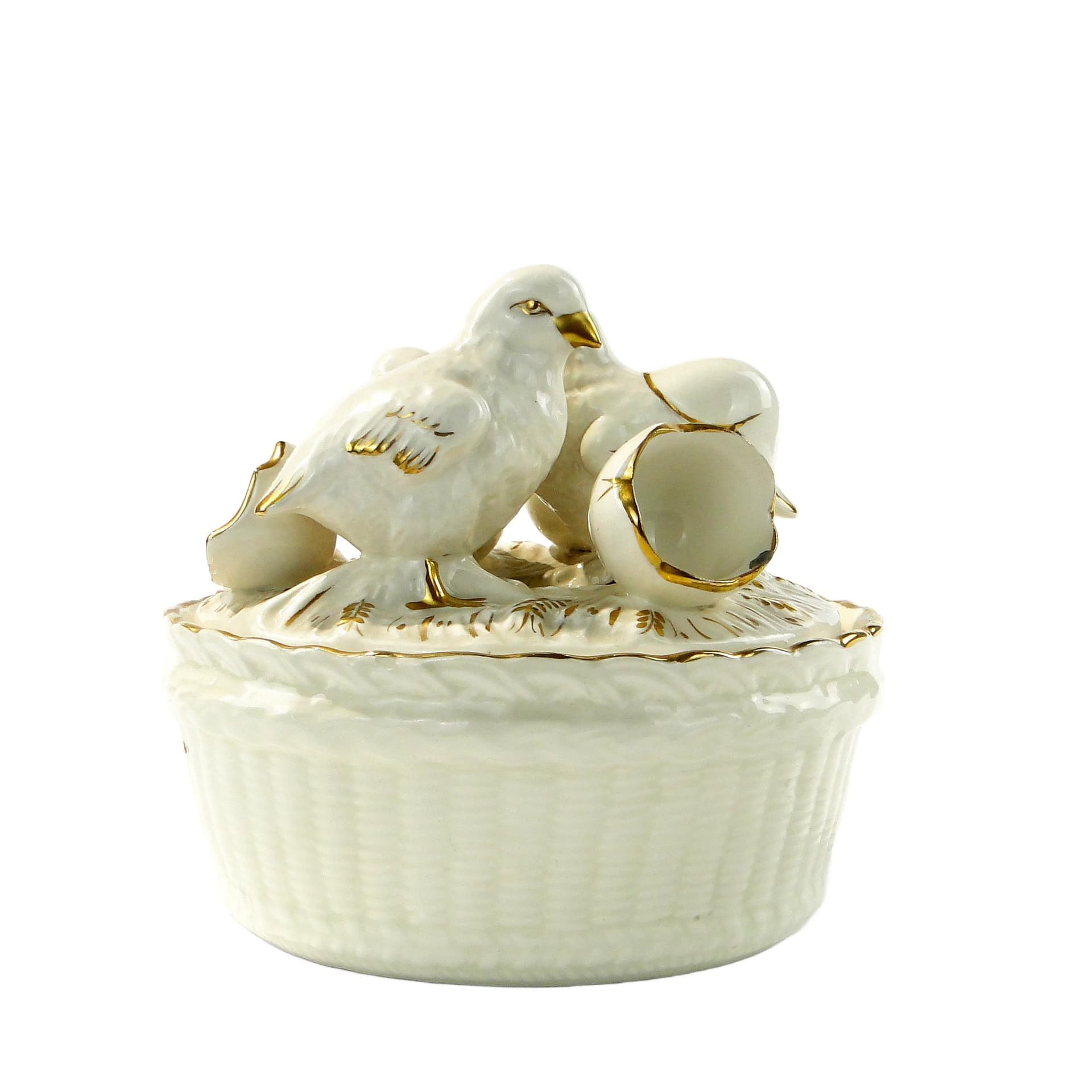 Egg container Chicks, white gold porcelain, Royal Dux Bohemia, Czech Republic, 1920s