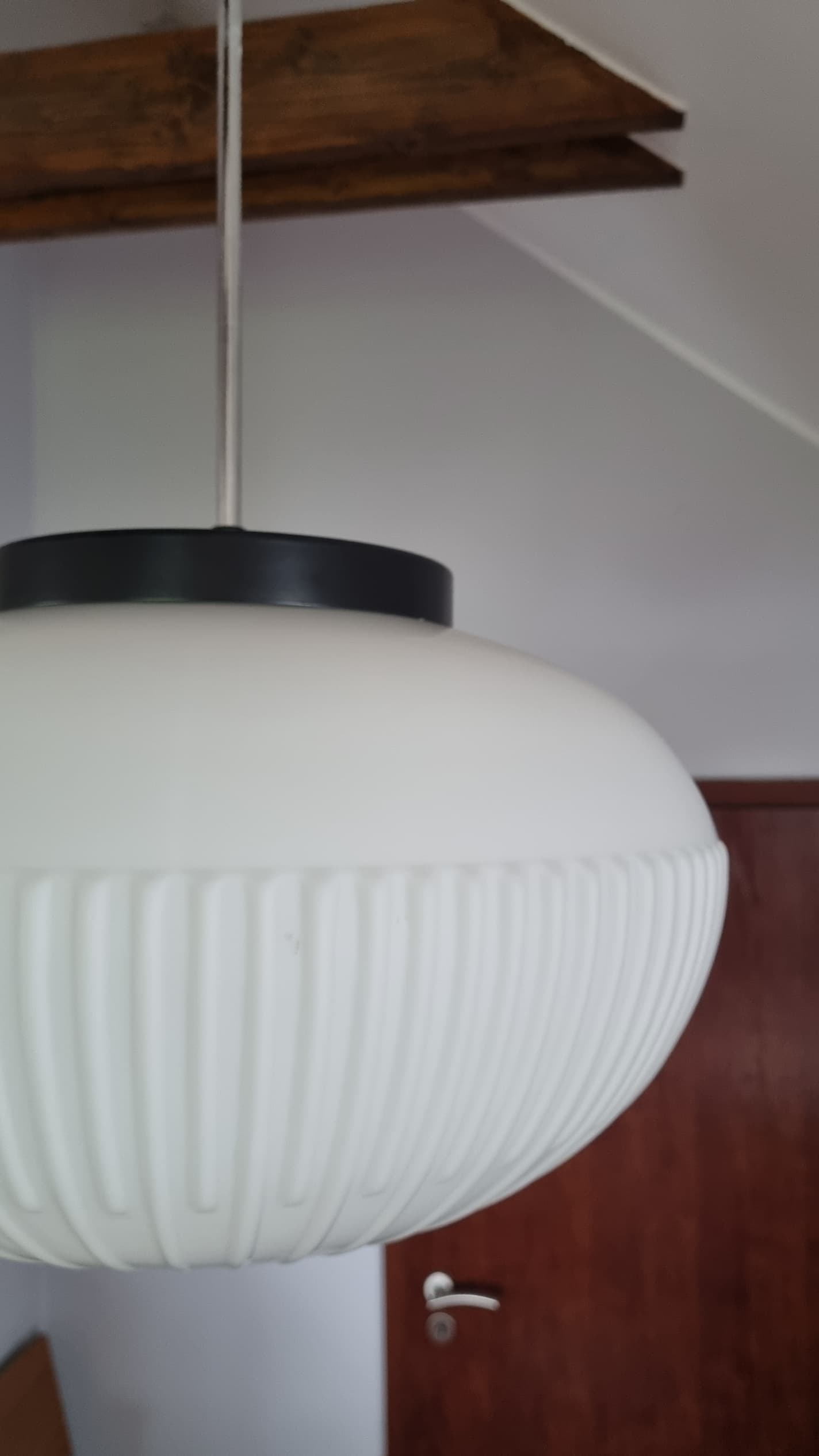 Pendant lamp, opaline white glass, black metal, by K. Wolf, Osvětlovací Sklo, Czechoslovakia, 1970s. - 346204