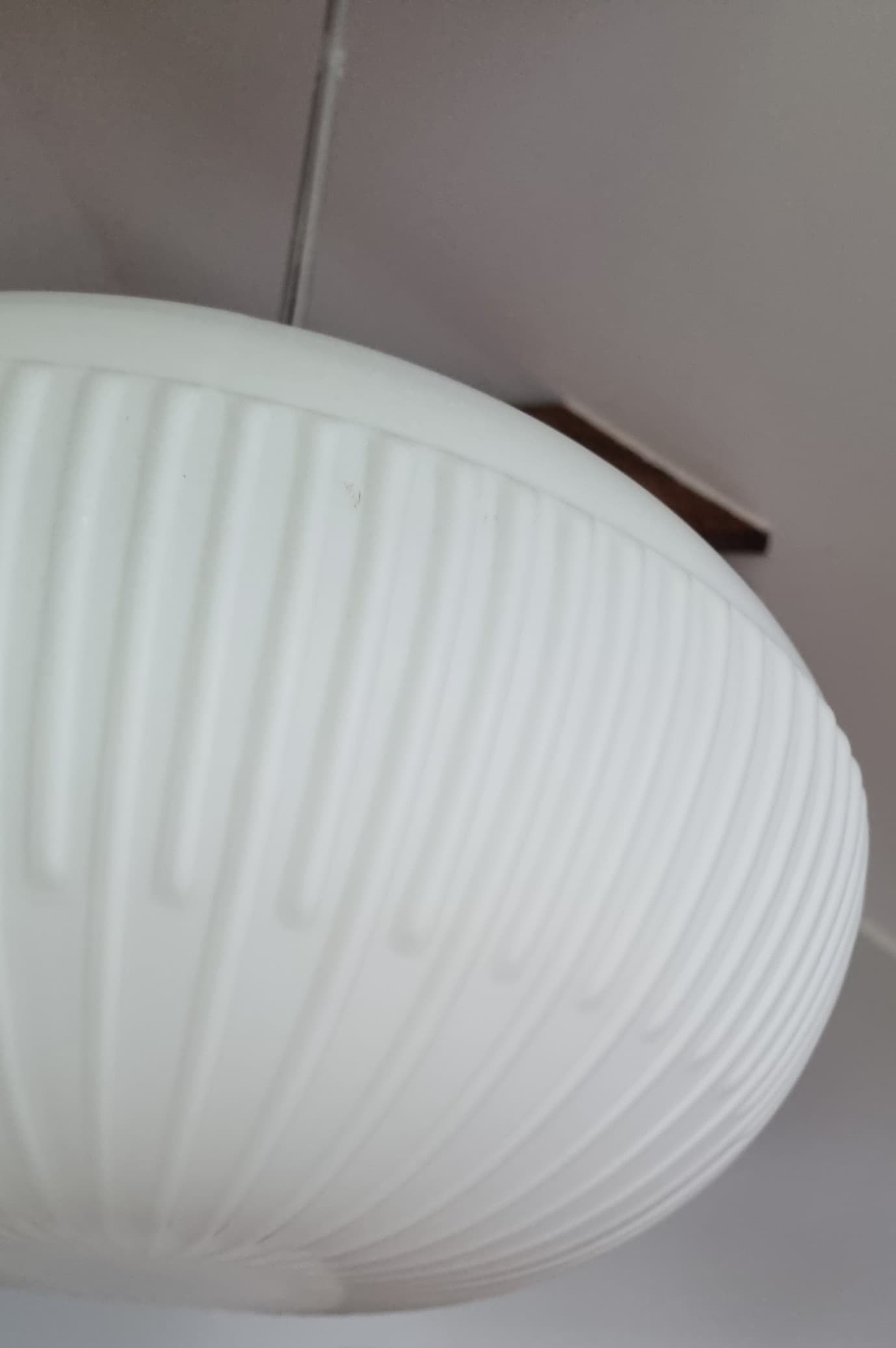 Pendant lamp, opaline white glass, black metal, by K. Wolf, Osvětlovací Sklo, Czechoslovakia, 1970s. - 346201
