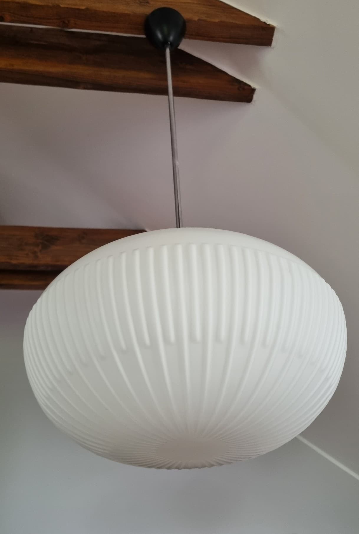 Pendant lamp, opaline white glass, black metal, by K. Wolf, Osvětlovací Sklo, Czechoslovakia, 1970s. - 346202