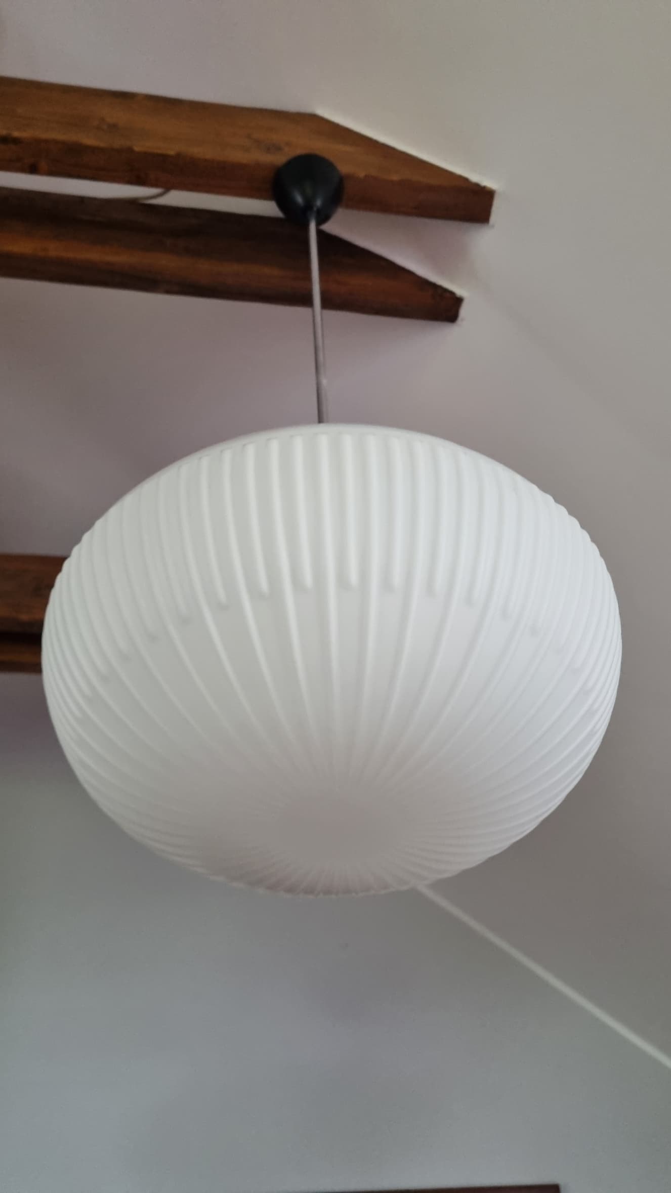 Pendant lamp, opaline white glass, black metal, by K. Wolf, Osvětlovací Sklo, Czechoslovakia, 1970s. - 346203