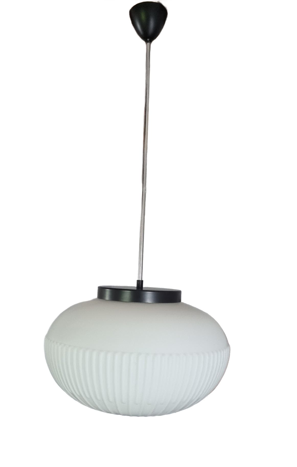 Pendant lamp, opaline white glass, black metal, by K. Wolf, Osvětlovací Sklo, Czechoslovakia, 1970s.