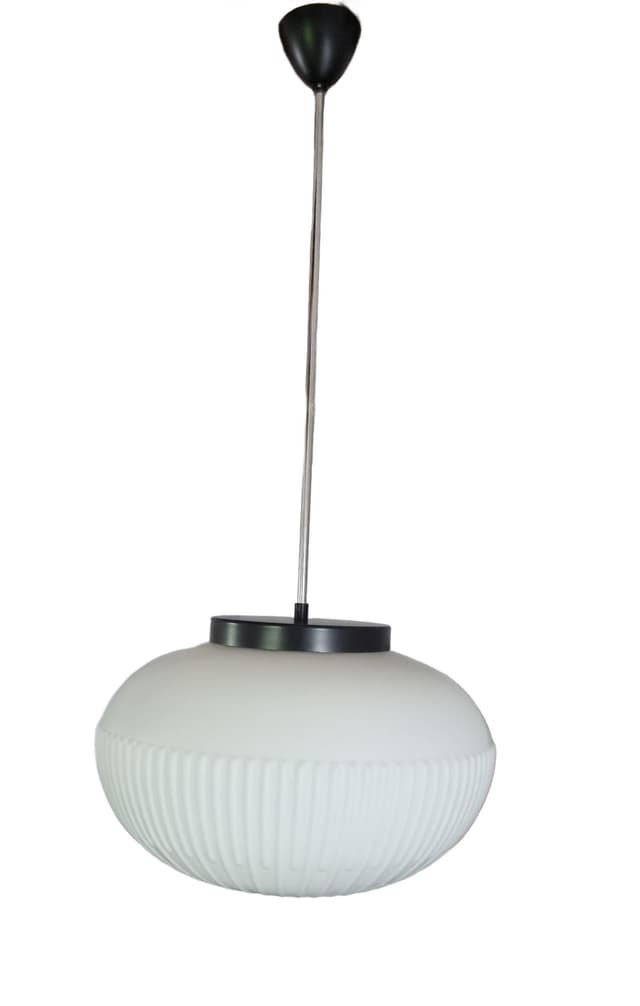 Pendant lamp, opaline white glass, black metal, by K. Wolf, Osvětlovací Sklo, Czechoslovakia, 1970s. - DIMENSION