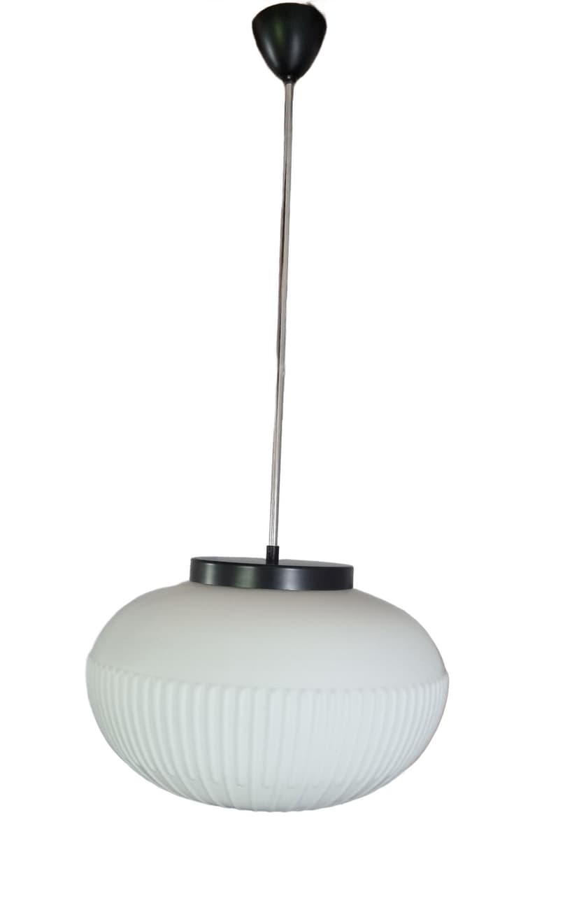 Pendant lamp, opaline white glass, black metal, by K. Wolf, Osvětlovací Sklo, Czechoslovakia, 1970s.
