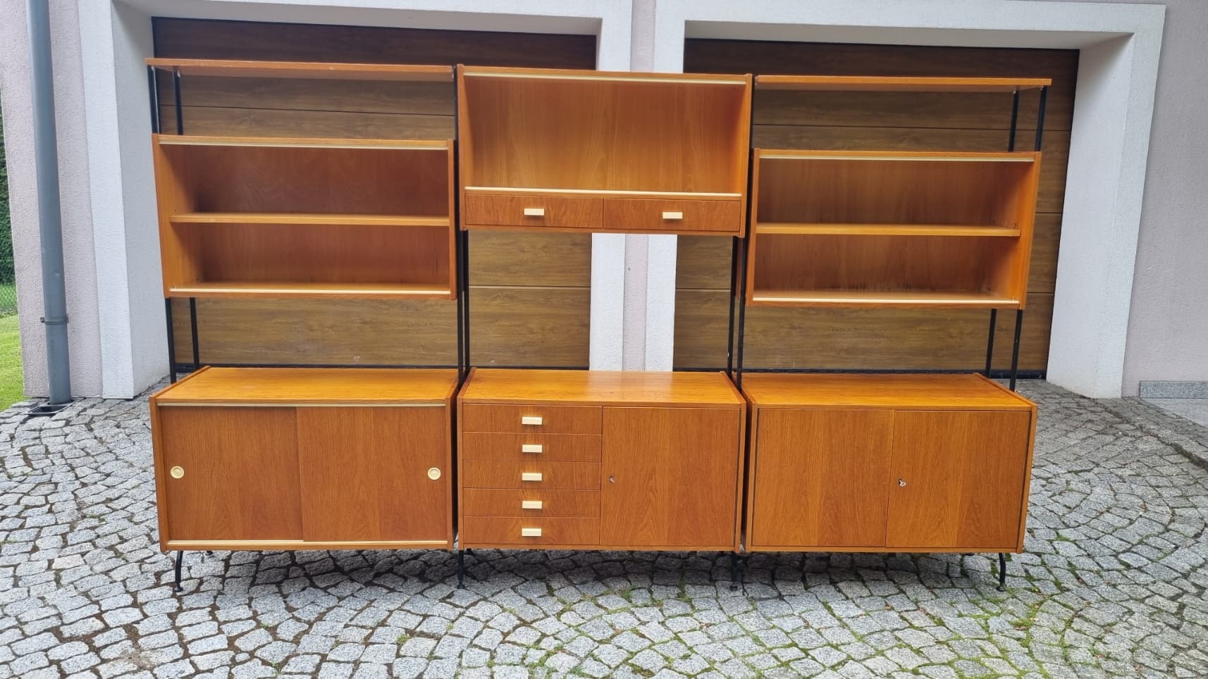 Modular shelving unit, brown wood veneer, black steel, Czechoslovakia, 1960s. - 346213