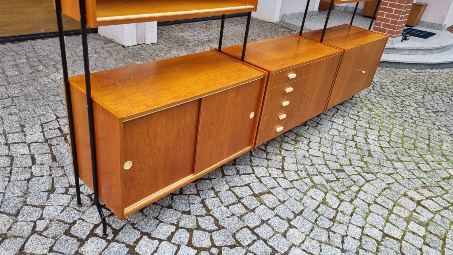 Modular shelving unit, brown wood veneer, black steel, Czechoslovakia, 1960s. - 346210