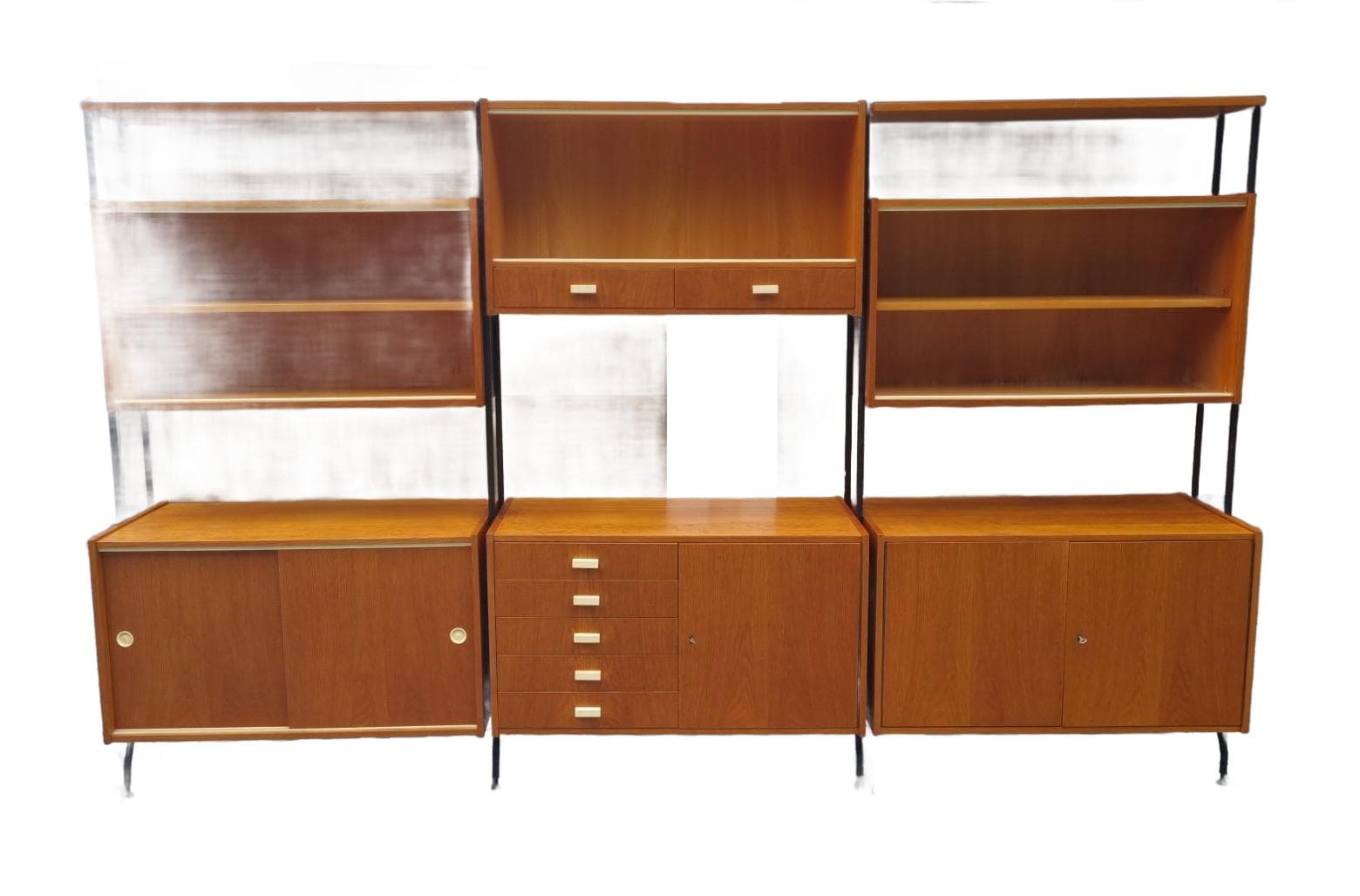 Modular shelving unit, brown wood veneer, black steel, Czechoslovakia, 1960s.