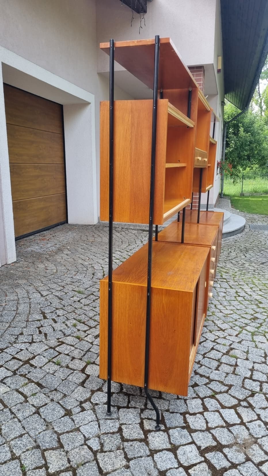 Modular shelving unit, brown wood veneer, black steel, Czechoslovakia, 1960s. - 346208