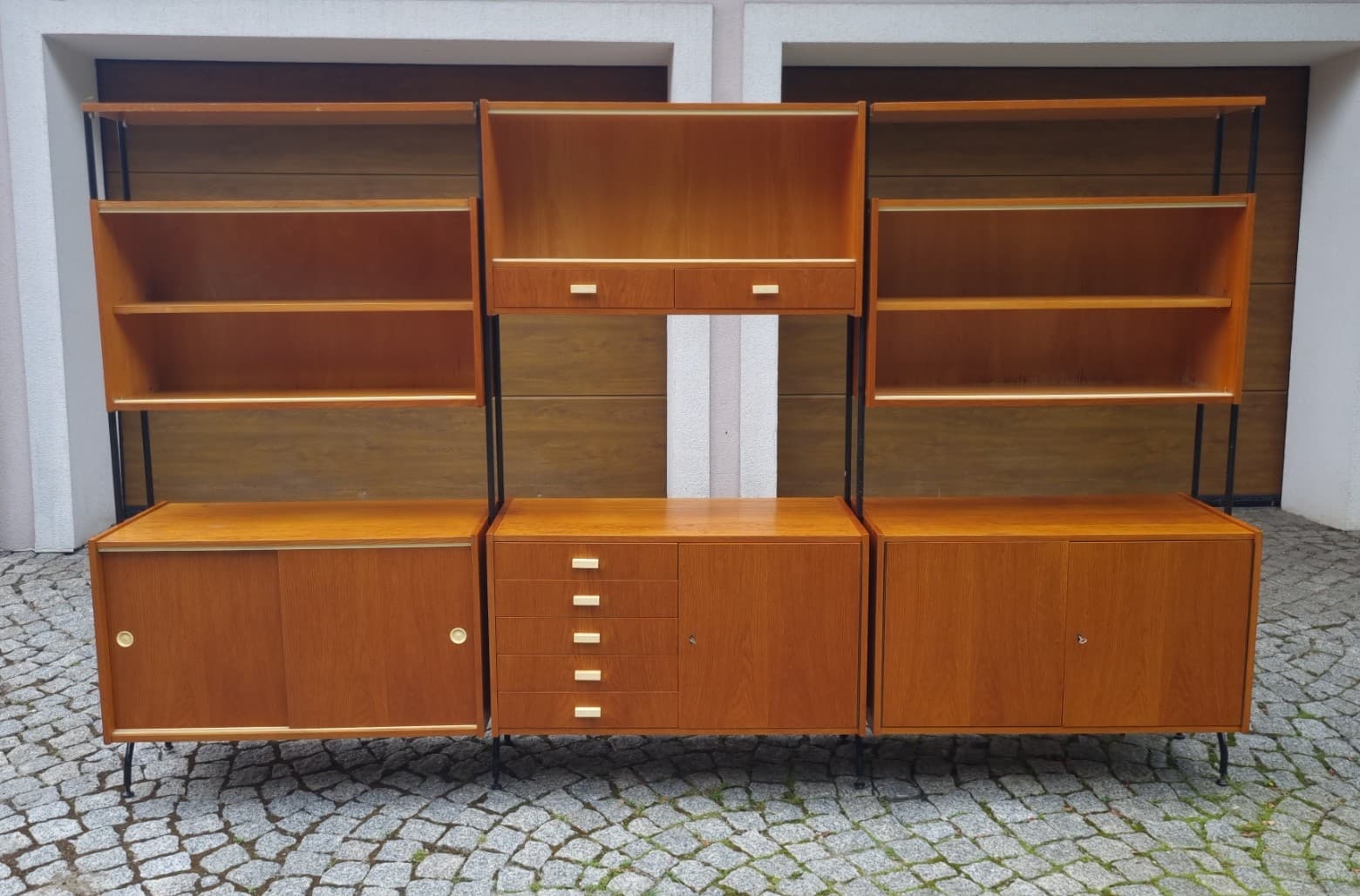 Modular shelving unit, brown wood veneer, black steel, Czechoslovakia, 1960s. - 346206
